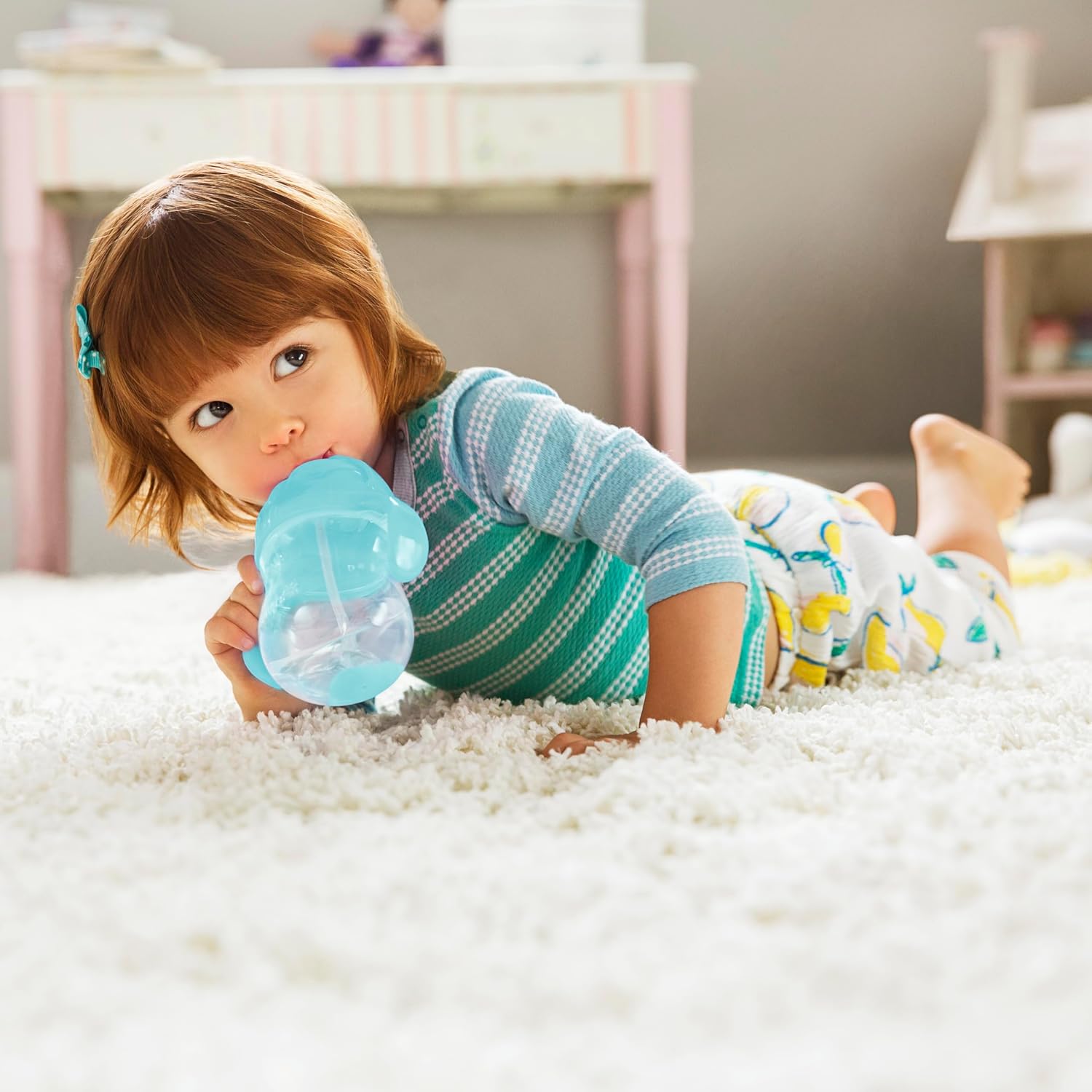 Munchkin Any Angle Sippy Cups for Toddlers, Spill Proof Weighted Straw Cup with Transition Handles for Babies 6 Months and Up, 2 Pack, Blue/Green