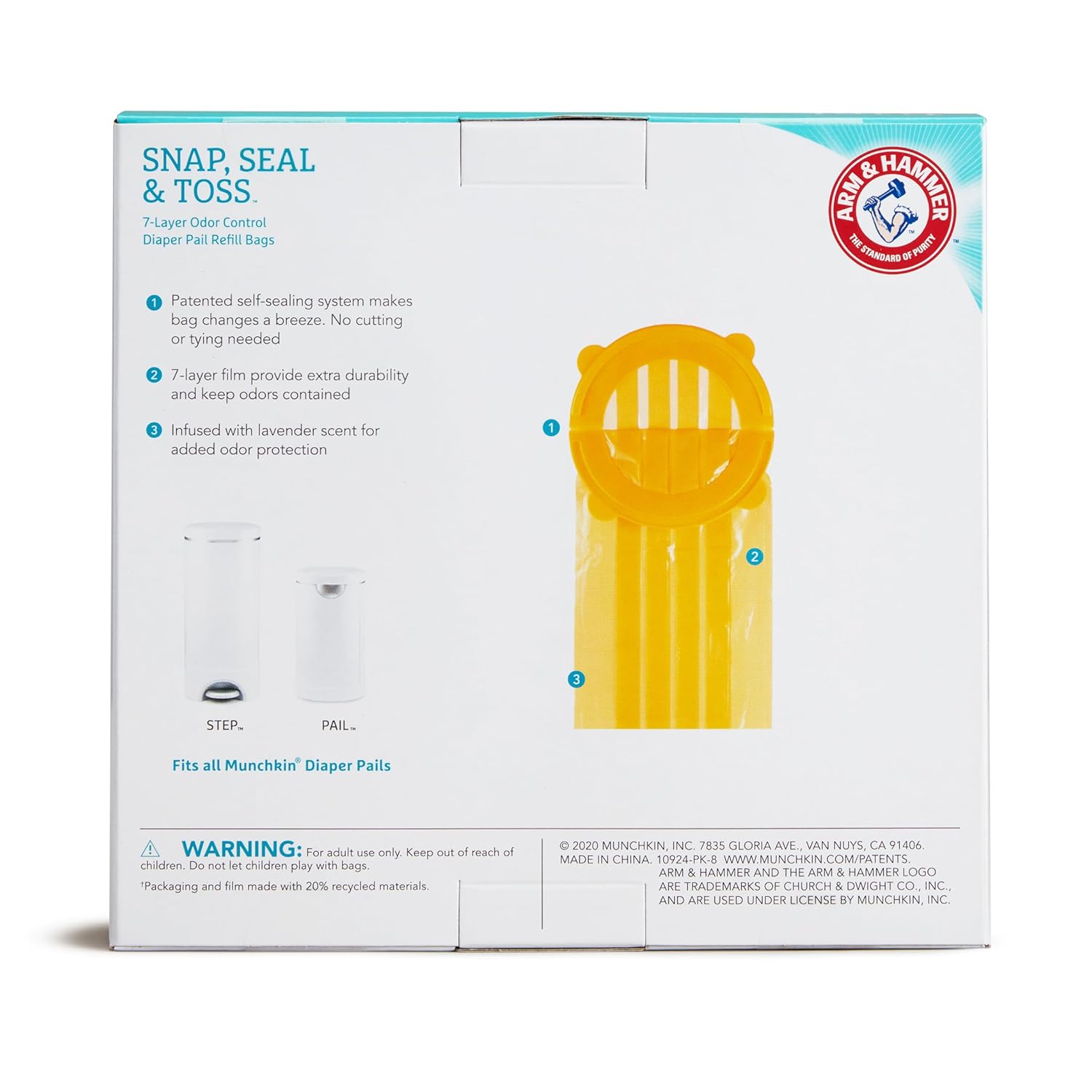 Munchkin® Arm & Hammer Diaper Pail Snap, Seal & Toss™ Refill Bags, Holds up to 600 Newborn Diapers, 20 Pack