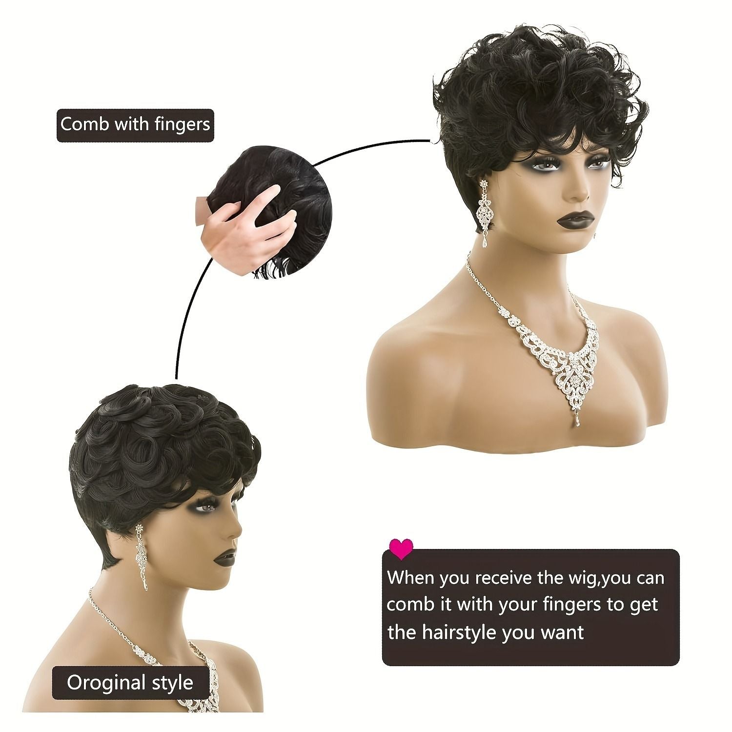 Natural Black Short Pixie Cut Wigs For Black Women Curly Hair Wigs Replacement Short Black Layered Pixie Wigs With Bangs Wigs For Black Women (Natural Black)