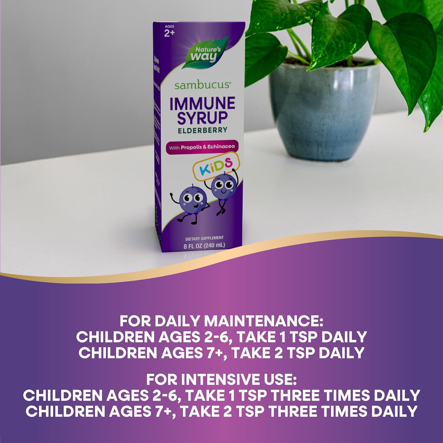 Nature's Way Sambucus Elderberry Immune Syrup for Kids Ages 2+, with Echinacea & Propolis, Immune Support Syrup*, Vegetarian, Berry Flavored, 8 Fl Oz
