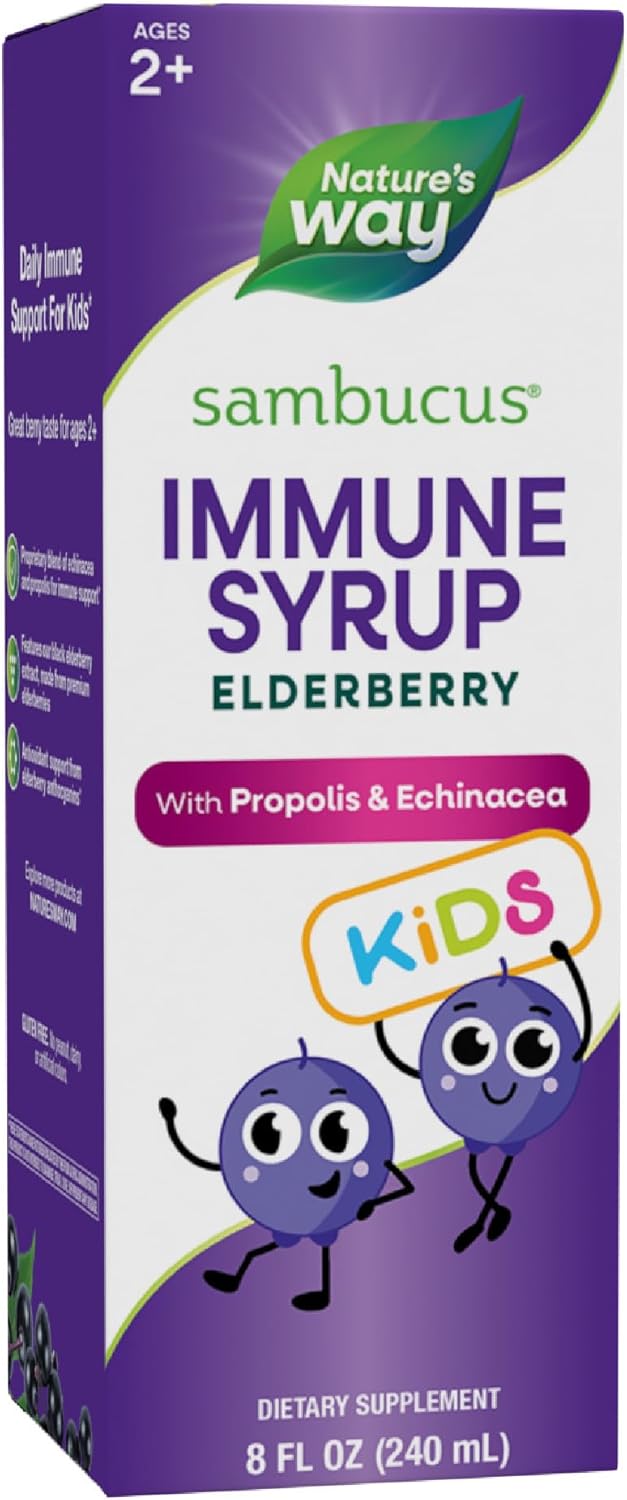 Nature's Way Sambucus Elderberry Immune Syrup for Kids Ages 2+, with Echinacea & Propolis, Immune Support Syrup*, Vegetarian, Berry Flavored, 8 Fl Oz