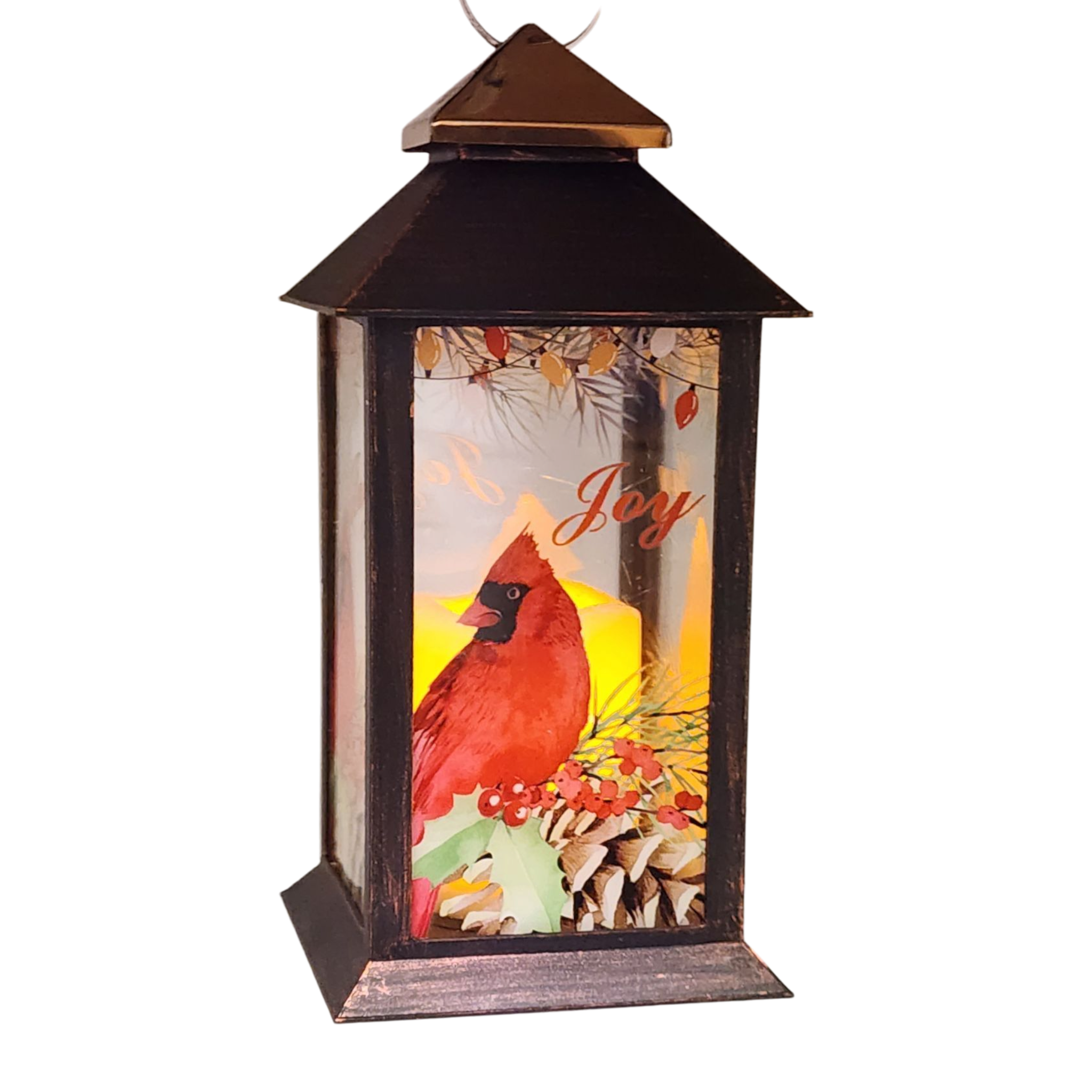 Christmas Cardinal Lantern with LED Candle - Joy