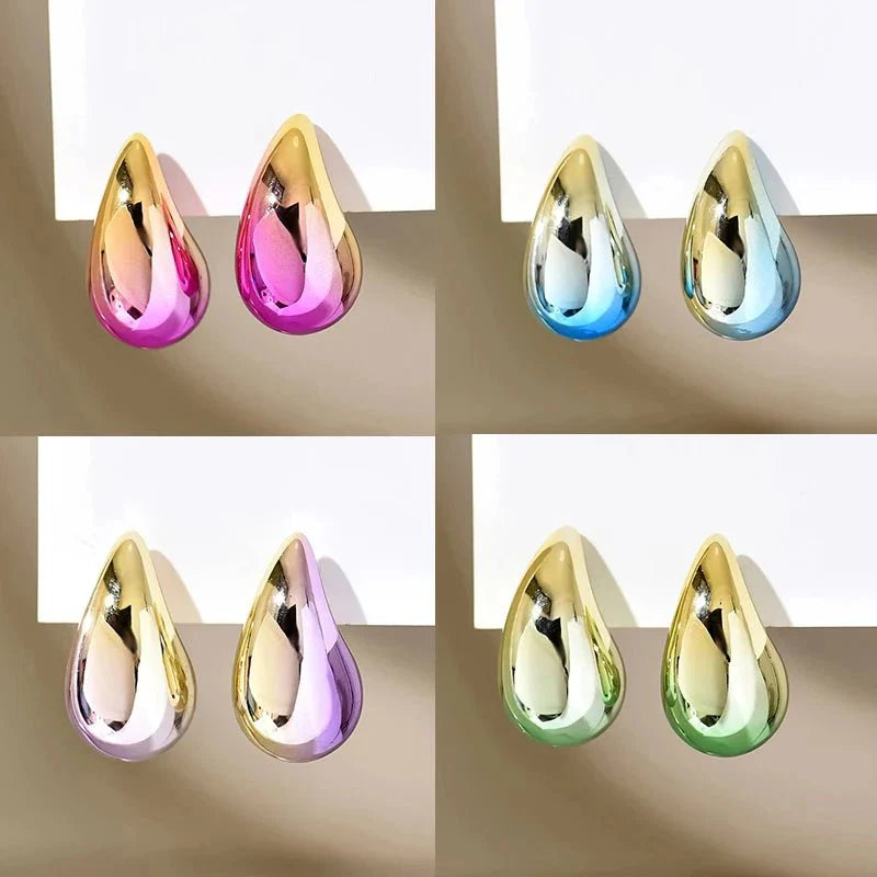 New 2PC/set Gradient Waterdrop Hoop Earrings Dupes for Women Thick Metallic Colorful Tear Drop Earring Lightweight Jewelry Gifts