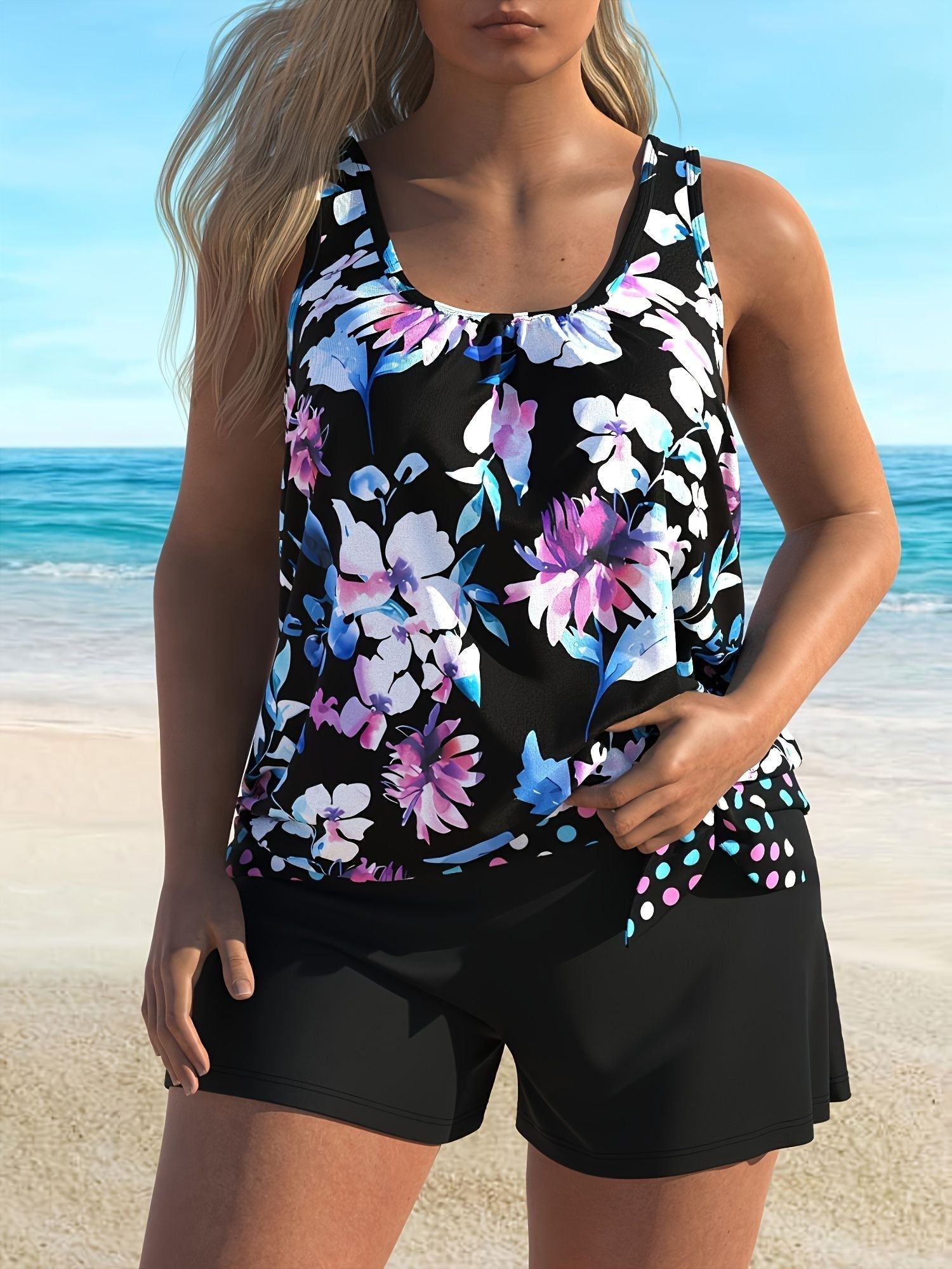 New women's Tankini suit with chest cushion and no steel ring, conservative style swimsuit