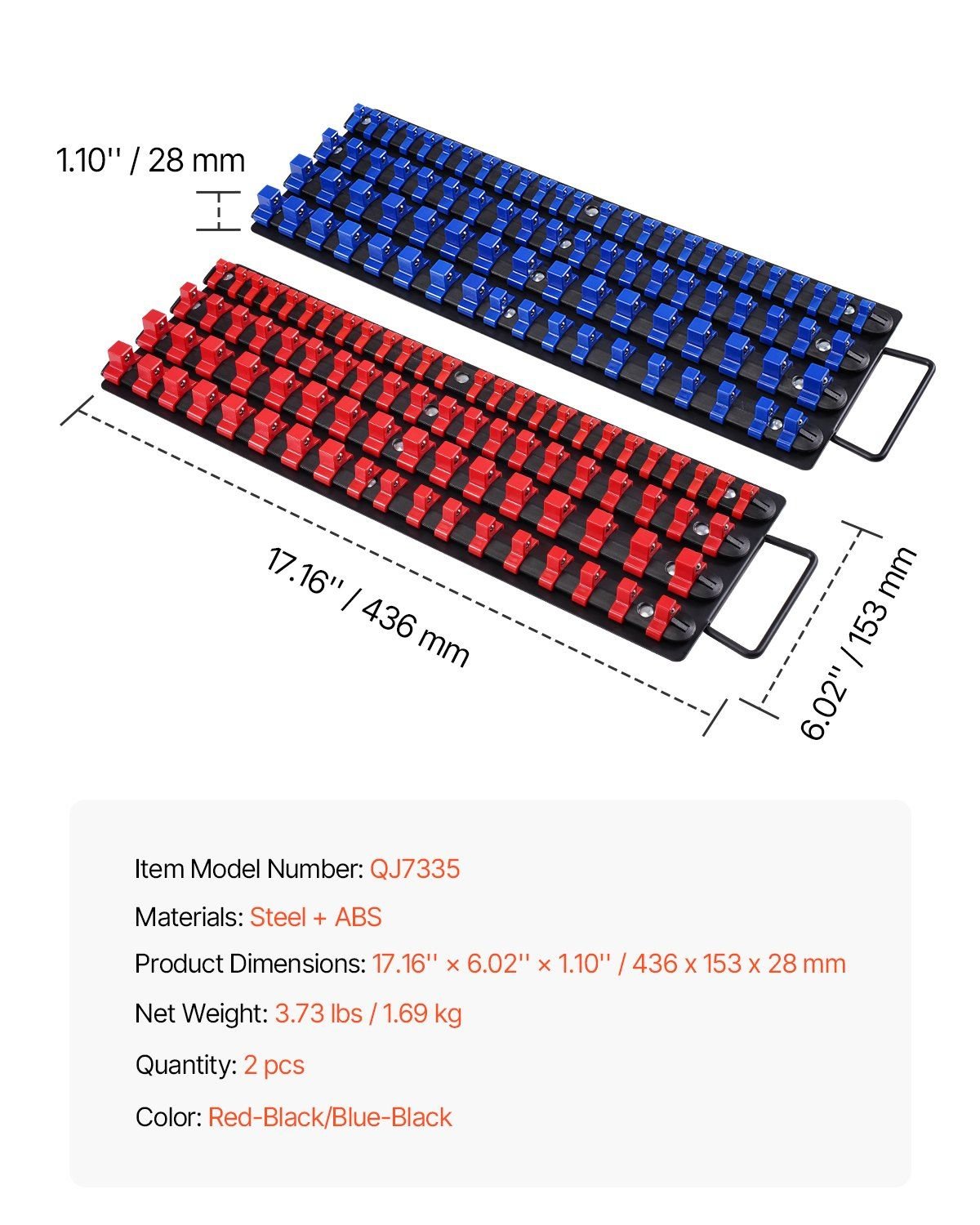 Newly Upgraded! Portable Socket Organizer Set 2PCS 160 Clips Steel Socket Tray Metric/SAE