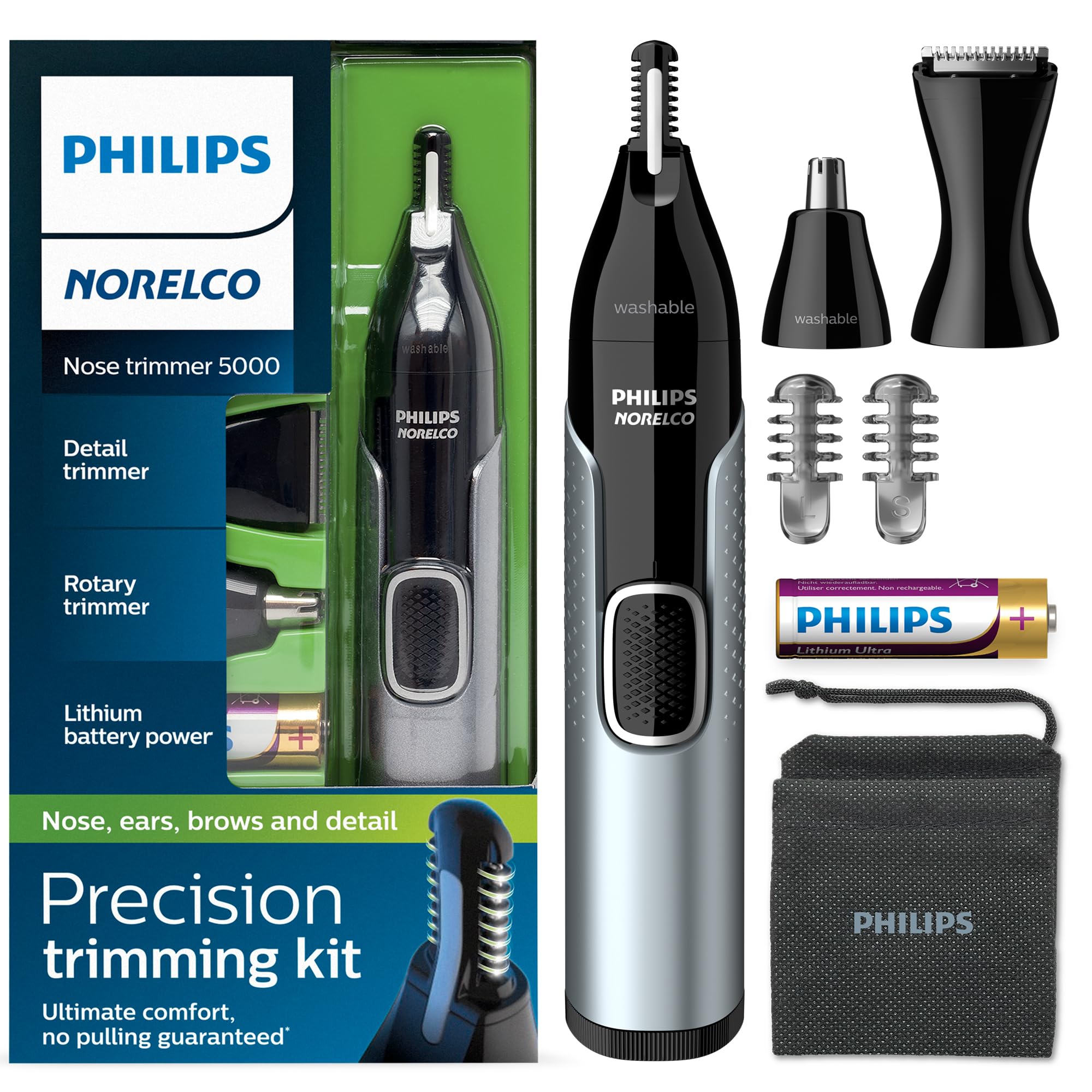 Norelco Philips Nose Trimmer 5000, for Nose, Ears, Eyebrows, Black and Silver, NT5600/42