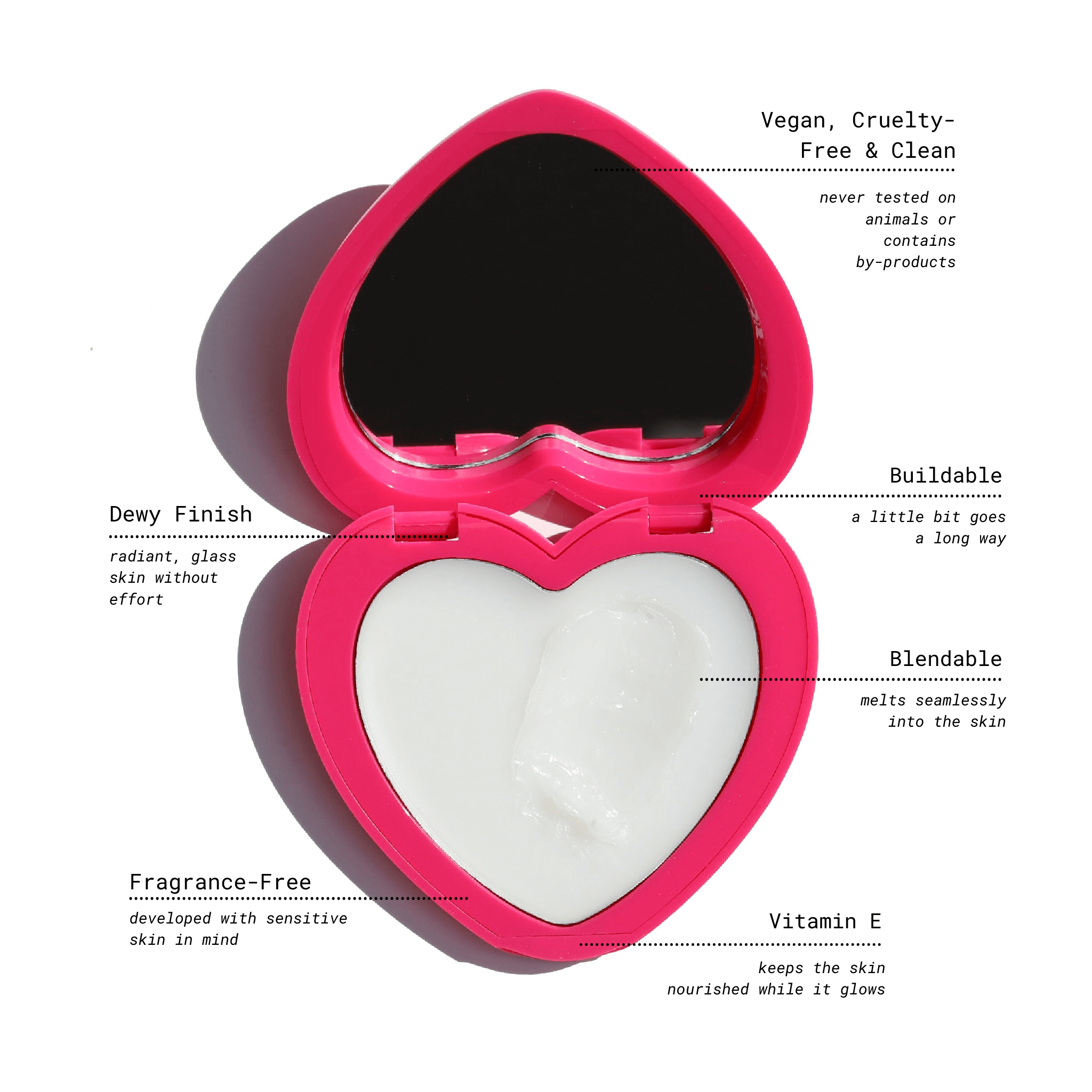 A pink heart-shaped compact with a mirror containing Candy Paint Cream Highlighter.