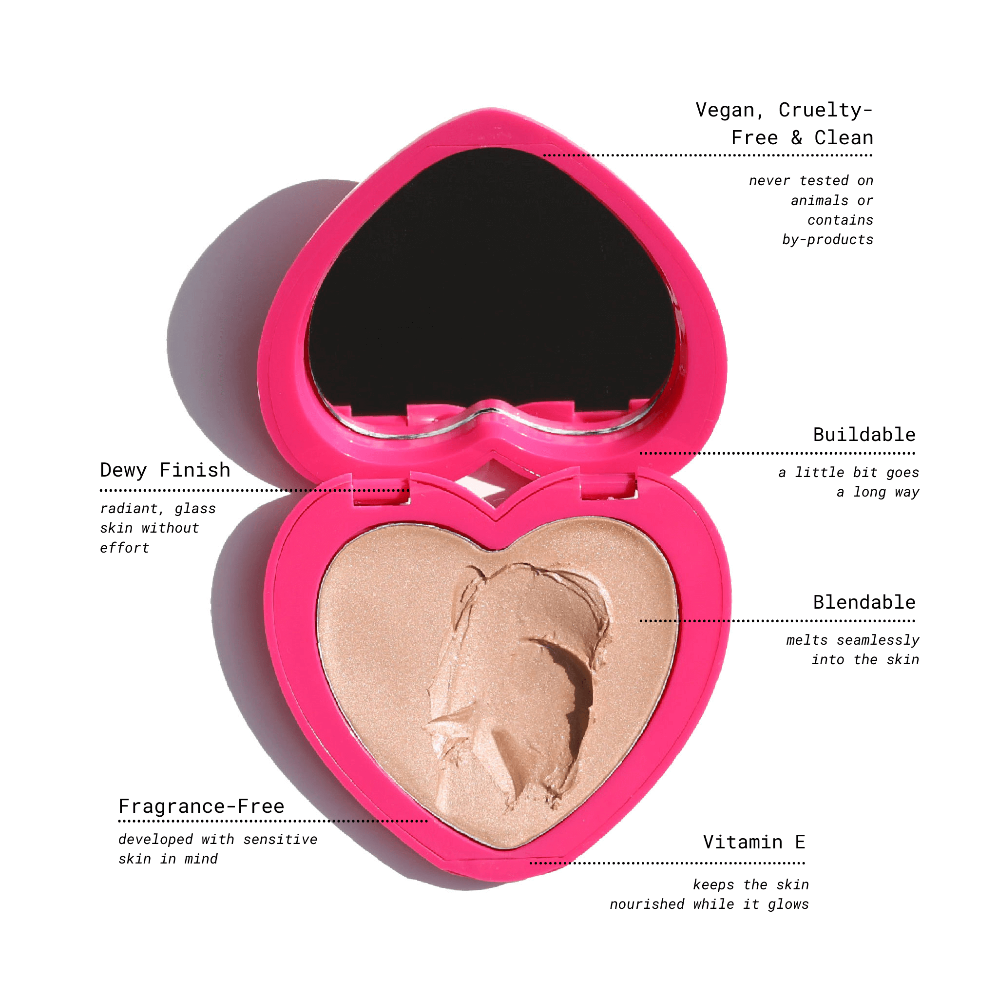 Pink heart-shaped compact housing the Candy Paint Cream Highlighter with an internal mirror, designed for dewy, radiant skin and multi-use application on cheeks, lips, and eyelids.