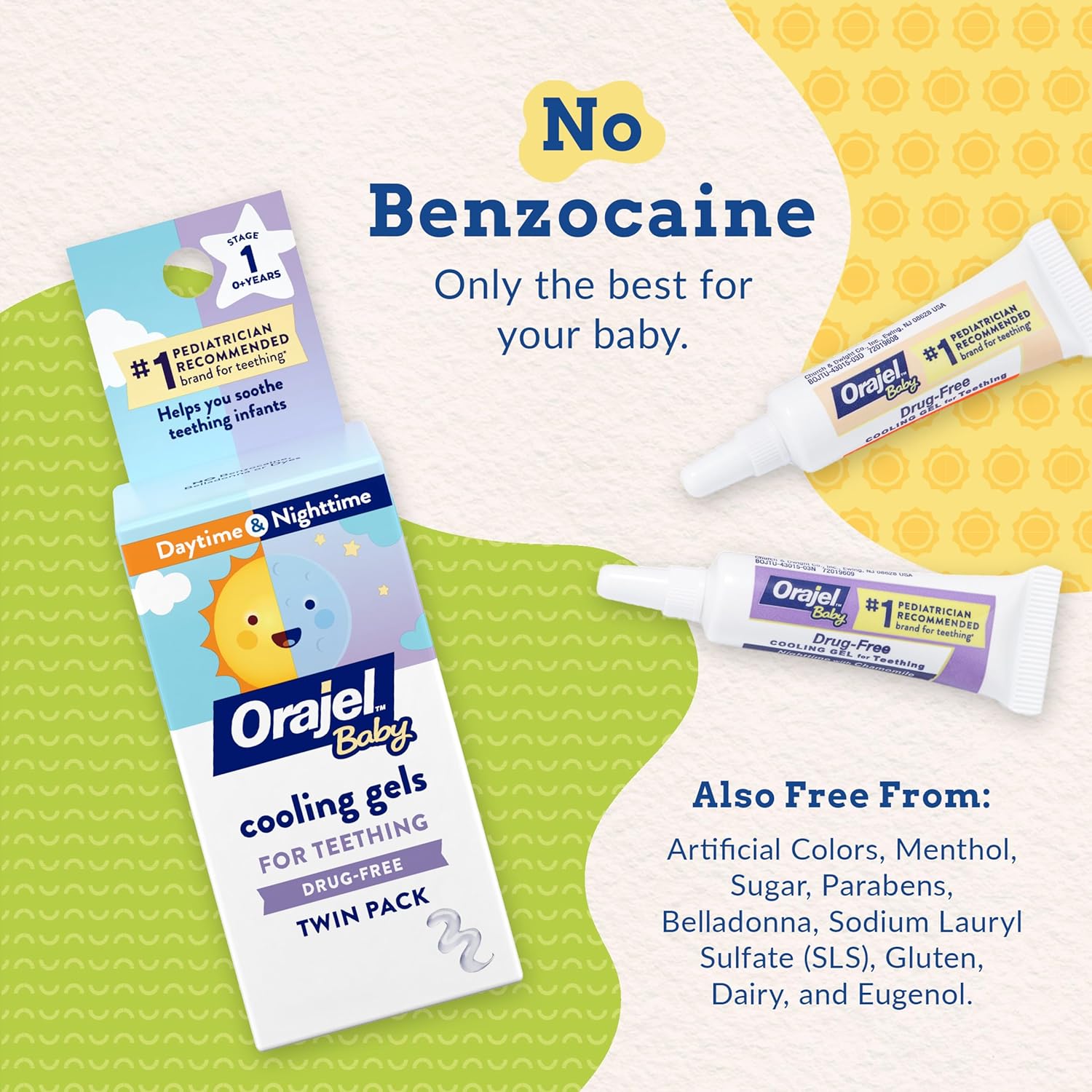Orajel Baby Daytime & Nighttime Cooling Gels for Teething, Drug - Free, #1 Pediatrician Recommended Brand for Teething*, Two 0.18oz Tubes
