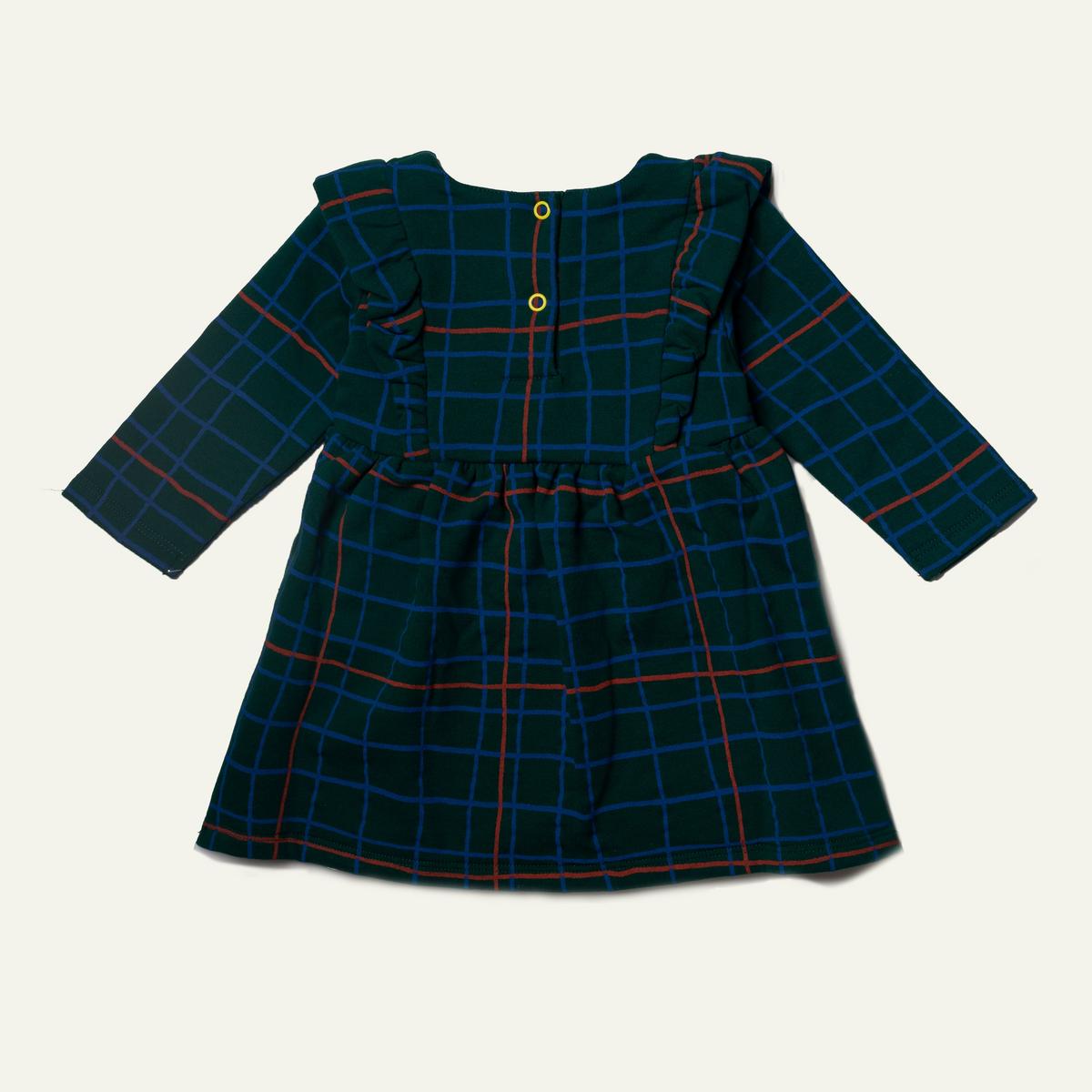Recycled Cotton Grid Baby Ruffle Dress - Pine Green Multi