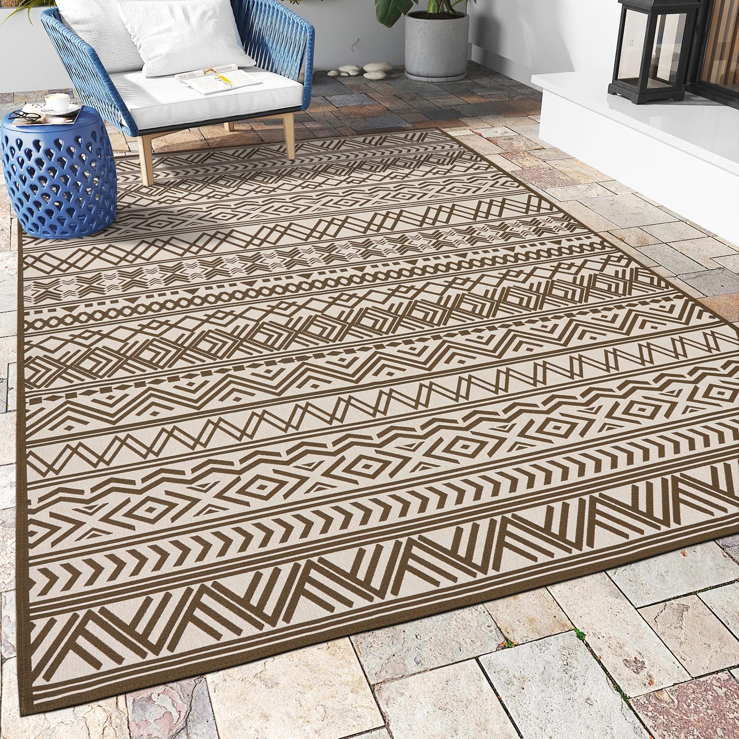 Outdoor Rug Carpet 5x8 ft, Flatweave Textured Outdoor Patio Rug Non Slip Indoor Outdoor Rugs with Rubber Particles Backing Boho Outdoor Area Rug for Patio Deck Front Porch Backyard Balcony