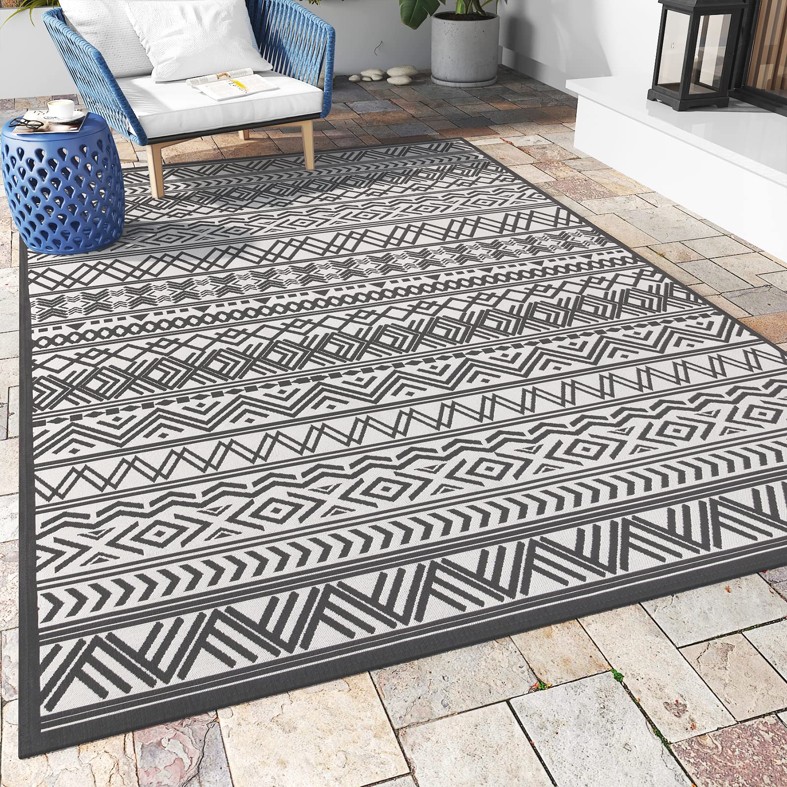 Outdoor Rug Carpet 5x8 ft, Flatweave Textured Outdoor Patio Rug Non Slip Indoor Outdoor Rugs with Rubber Particles Backing Boho Outdoor Area Rug for Patio Deck Front Porch Backyard Balcony