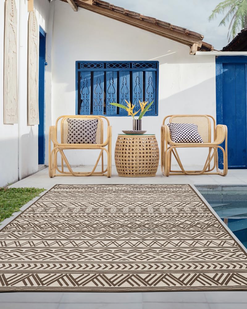 Outdoor Rug Carpet 5x8 ft, Flatweave Textured Outdoor Patio Rug Non Slip Indoor Outdoor Rugs with Rubber Particles Backing Boho Outdoor Area Rug for Patio Deck Front Porch Backyard Balcony