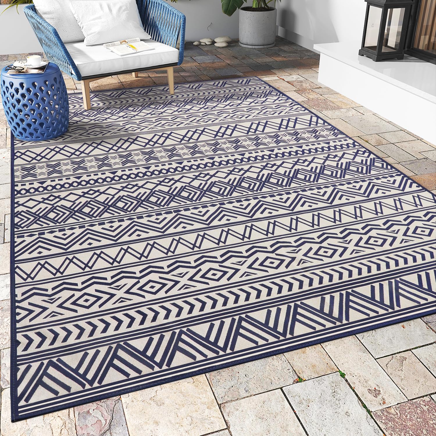 Outdoor Rug Carpet 5x8 ft, Flatweave Textured Outdoor Patio Rug Non Slip Indoor Outdoor Rugs with Rubber Particles Backing Boho Outdoor Area Rug for Patio Deck Front Porch Backyard Balcony