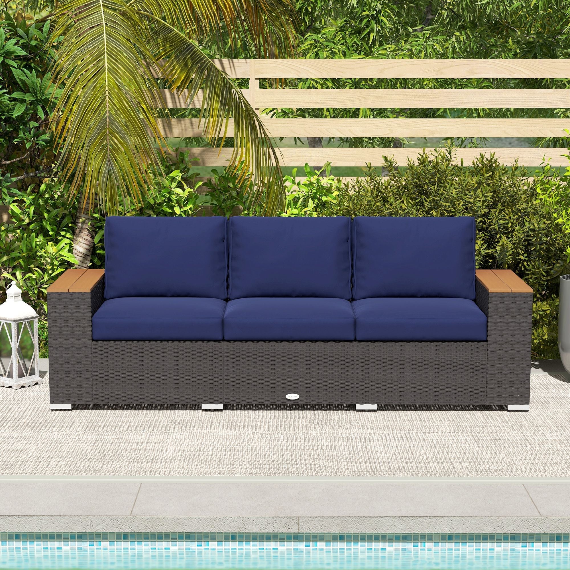 Outsunny 3-Seat Outdoor Patio Sofa with Cushions, PE Rattan Wicker Sofa with Wide Armrests, Outdoor Wicker Couch, Navy Blue