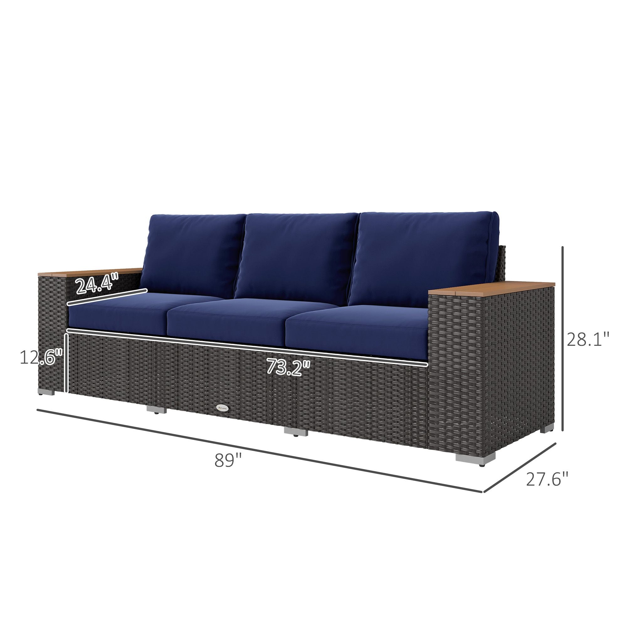 Outsunny 3-Seat Outdoor Patio Sofa with Cushions, PE Rattan Wicker Sofa with Wide Armrests, Outdoor Wicker Couch, Navy Blue