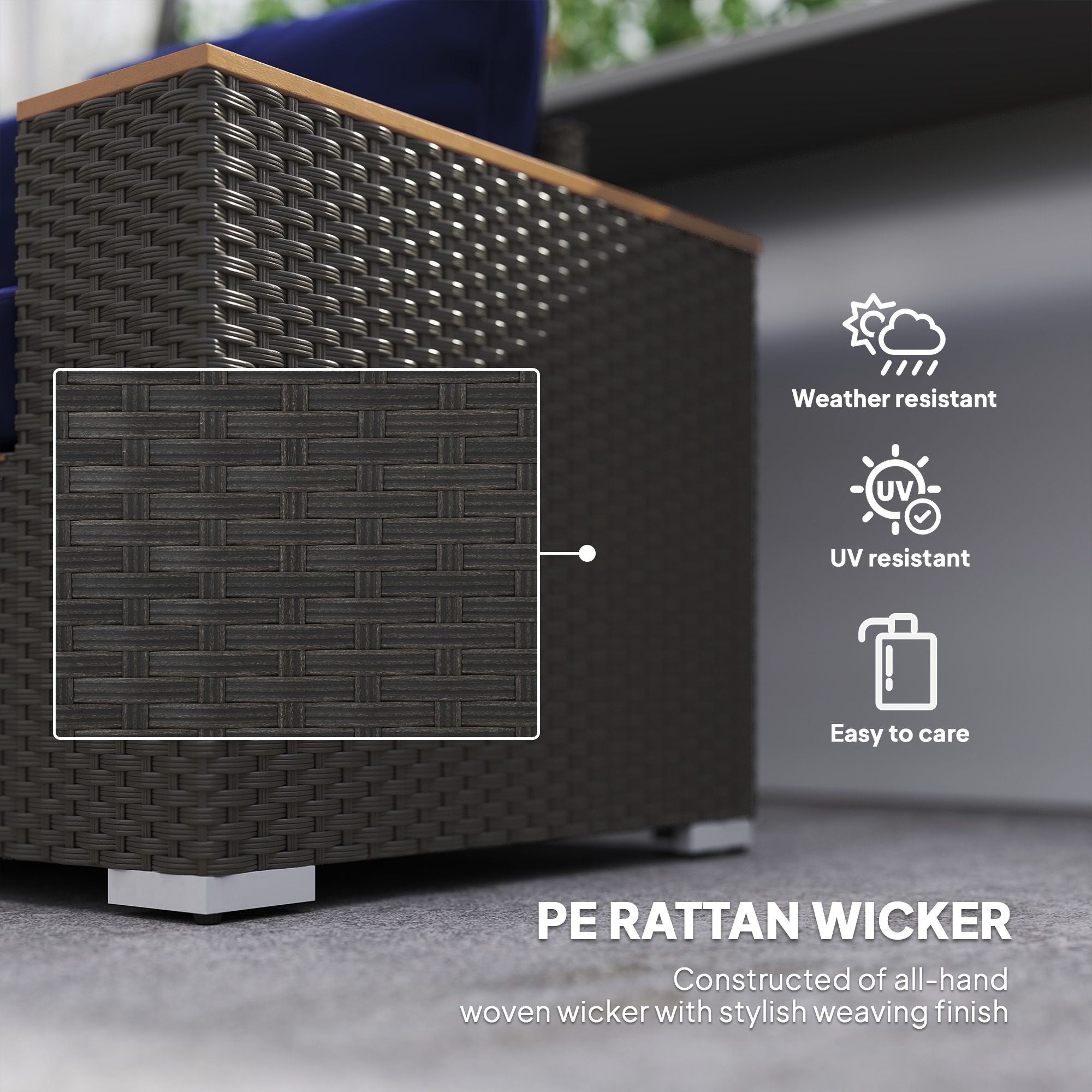 Outsunny 3-Seat Outdoor Patio Sofa with Cushions, PE Rattan Wicker Sofa with Wide Armrests, Outdoor Wicker Couch, Navy Blue