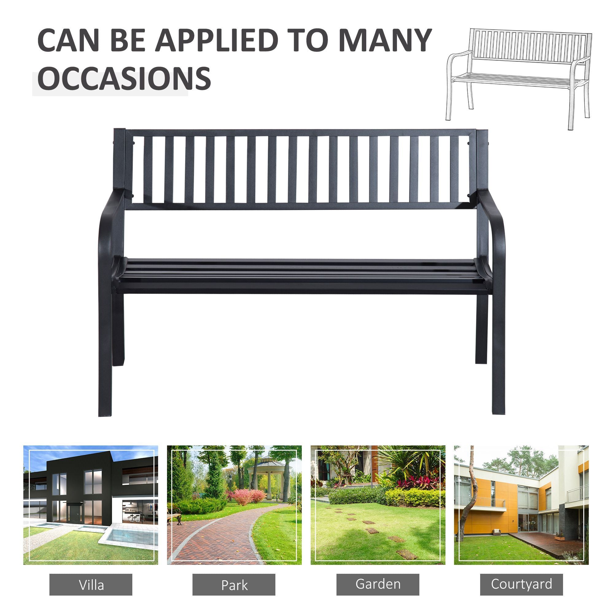 Outsunny 50ft Outdoor Bench Seat, Patio Bench with Slatted Seat, Metal Porch Bench, with 2 Person Design, for Poolside, Lawn, Black