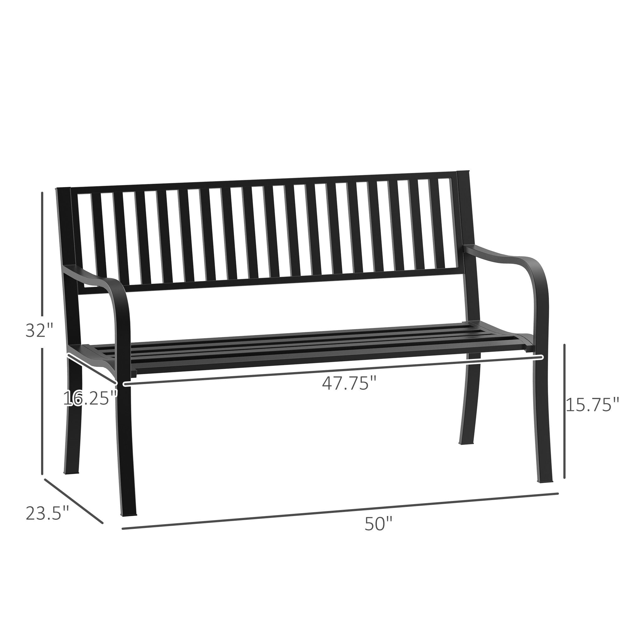 Outsunny 50ft Outdoor Bench Seat, Patio Bench with Slatted Seat, Metal Porch Bench, with 2 Person Design, for Poolside, Lawn, Black
