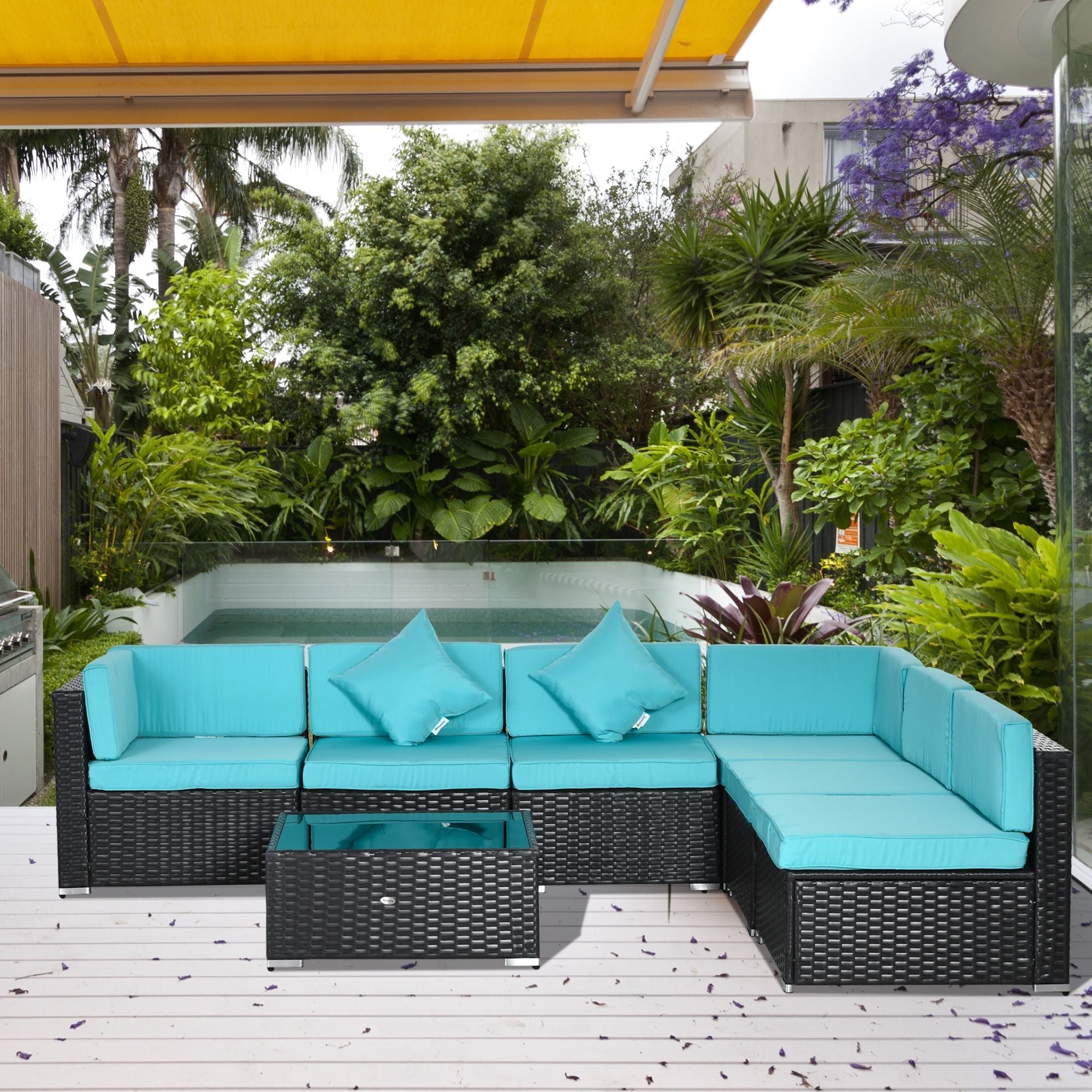 Outsunny 7-Piece Wicker Patio Conversation Set with Cushions & Glass Table, Turquoise