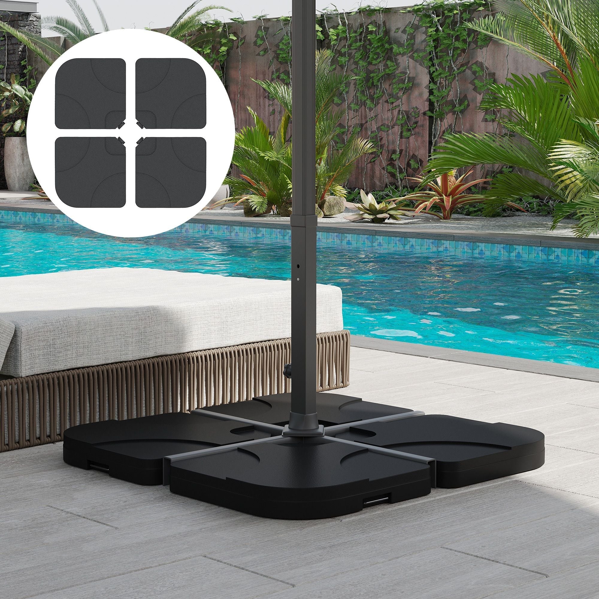 Outsunny Cantilever Patio Umbrella Base, 4-Piece Offset Stand, 158 lb Sand or 60L Water Capacity, Black