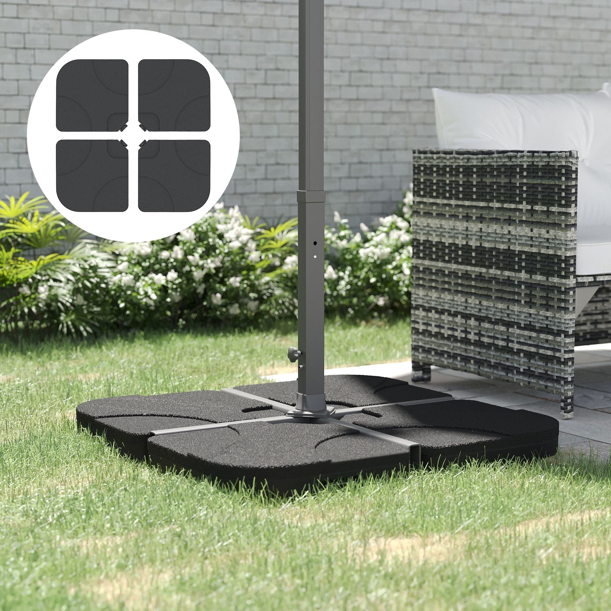 Outsunny Cantilever Patio Umbrella Base, 4-Piece Offset Stand, 158 lb Sand or 60L Water Capacity, Black