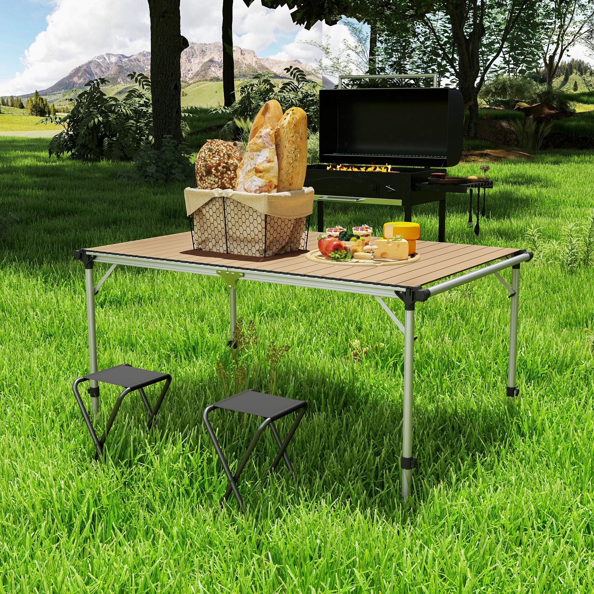 Outsunny Folding Camping Table, Adjustable Height Aluminum Table, Portable Camping Table for Picnic, Beach, BBQ