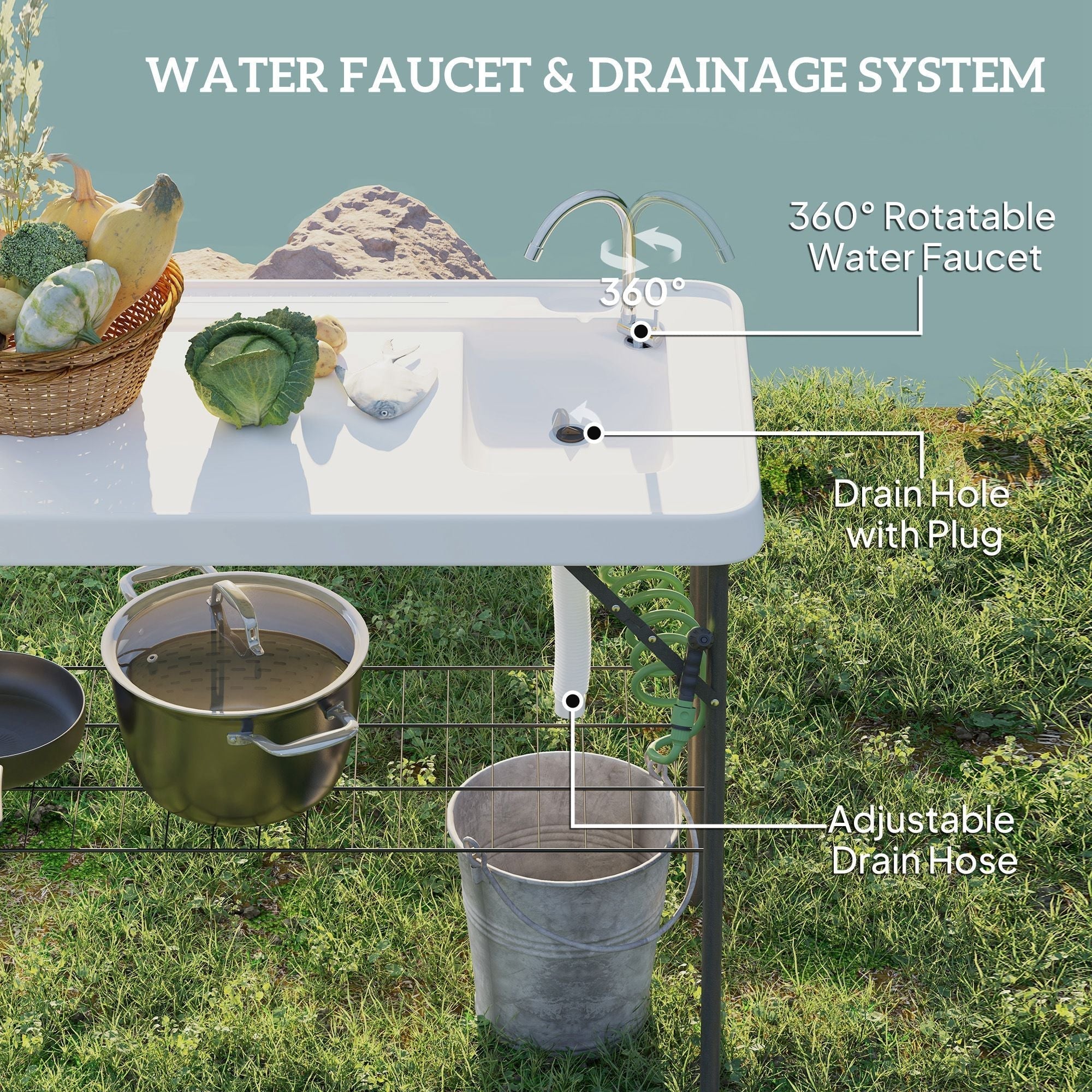 Outsunny Folding Fish Cleaning Table with Sink, Portable Camping Table with Faucet, Drainage Hose, Sprayer and Shelf, White