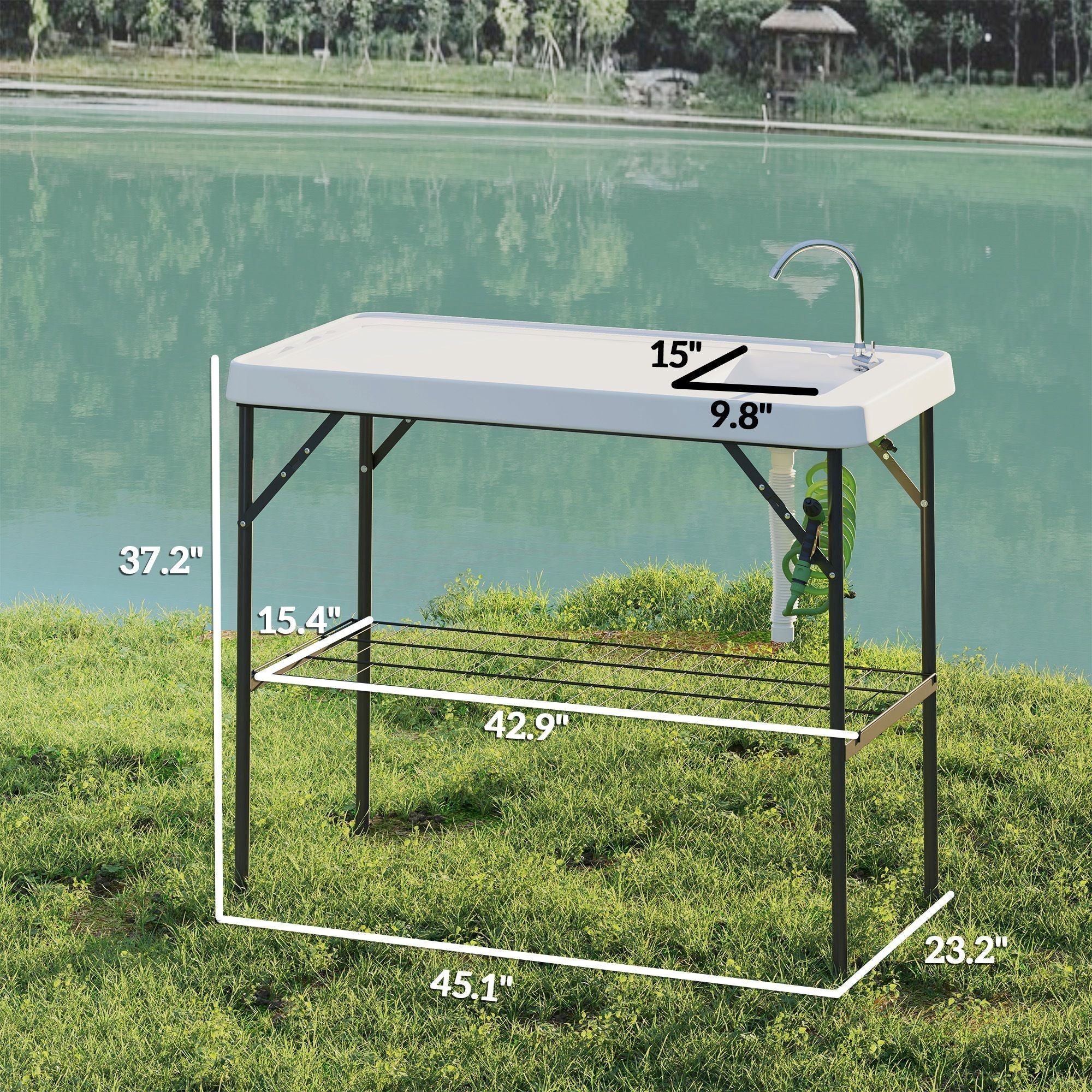 Outsunny Folding Fish Cleaning Table with Sink, Portable Camping Table with Faucet, Drainage Hose, Sprayer and Shelf, White