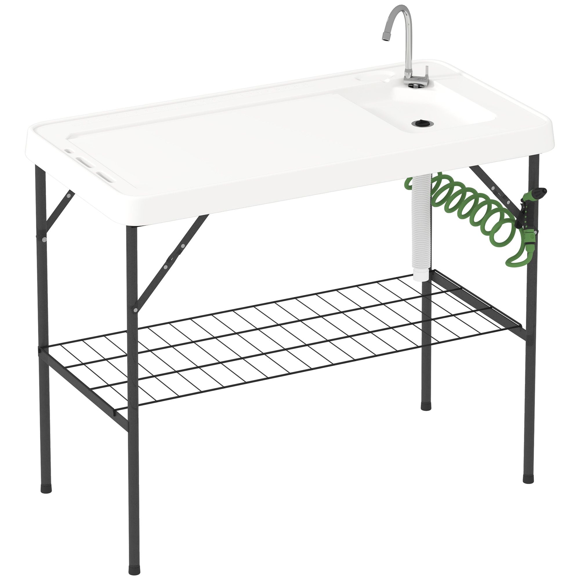Outsunny Folding Fish Cleaning Table with Sink, Portable Camping Table with Faucet, Drainage Hose, Sprayer and Shelf, White