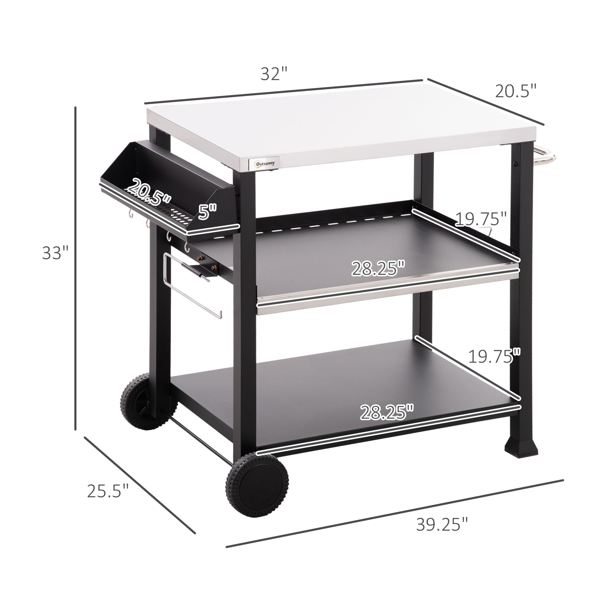 Outsunny Grill Cart Table Outdoor, 3-Shelf Stainless Steel, Pizza Oven Stand, Black with BBQ Wheels & Side Handle