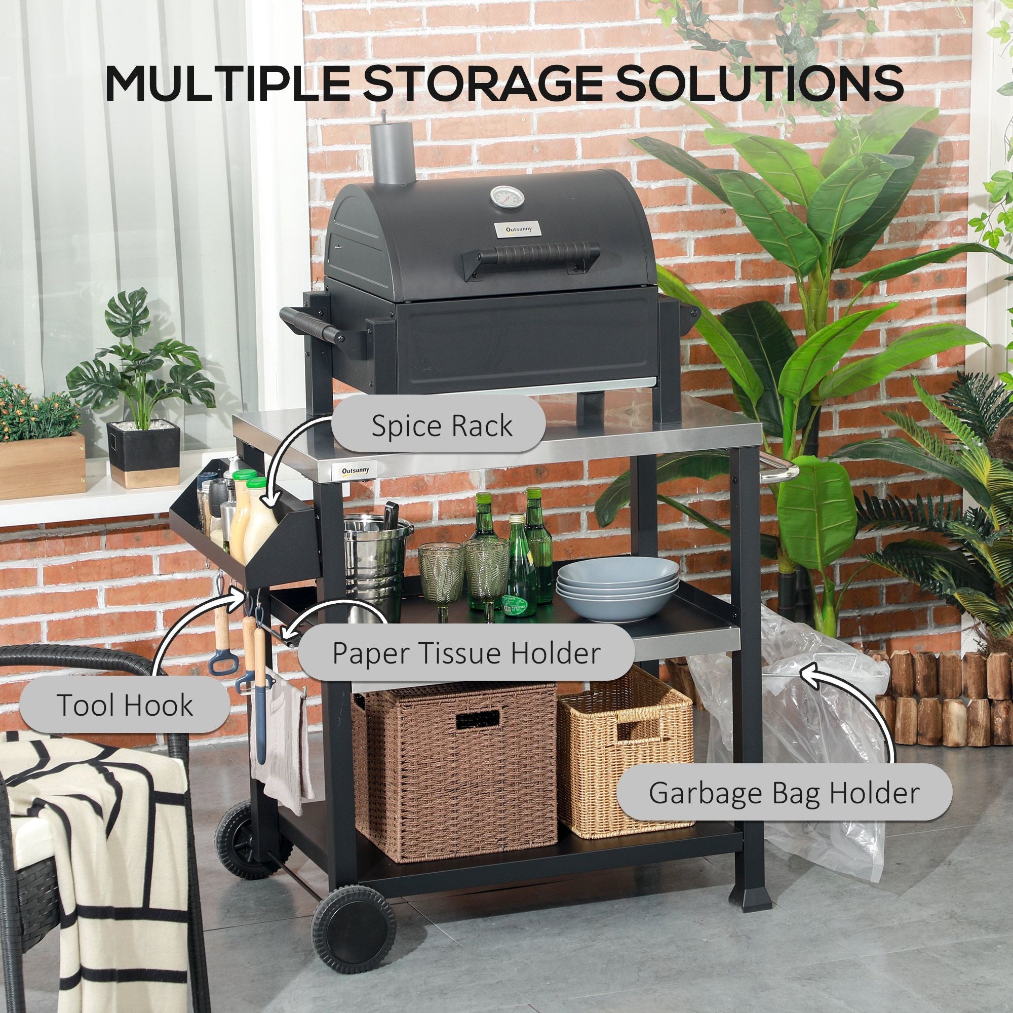 Outsunny Grill Cart Table Outdoor, 3-Shelf Stainless Steel, Pizza Oven Stand, Black with BBQ Wheels & Side Handle