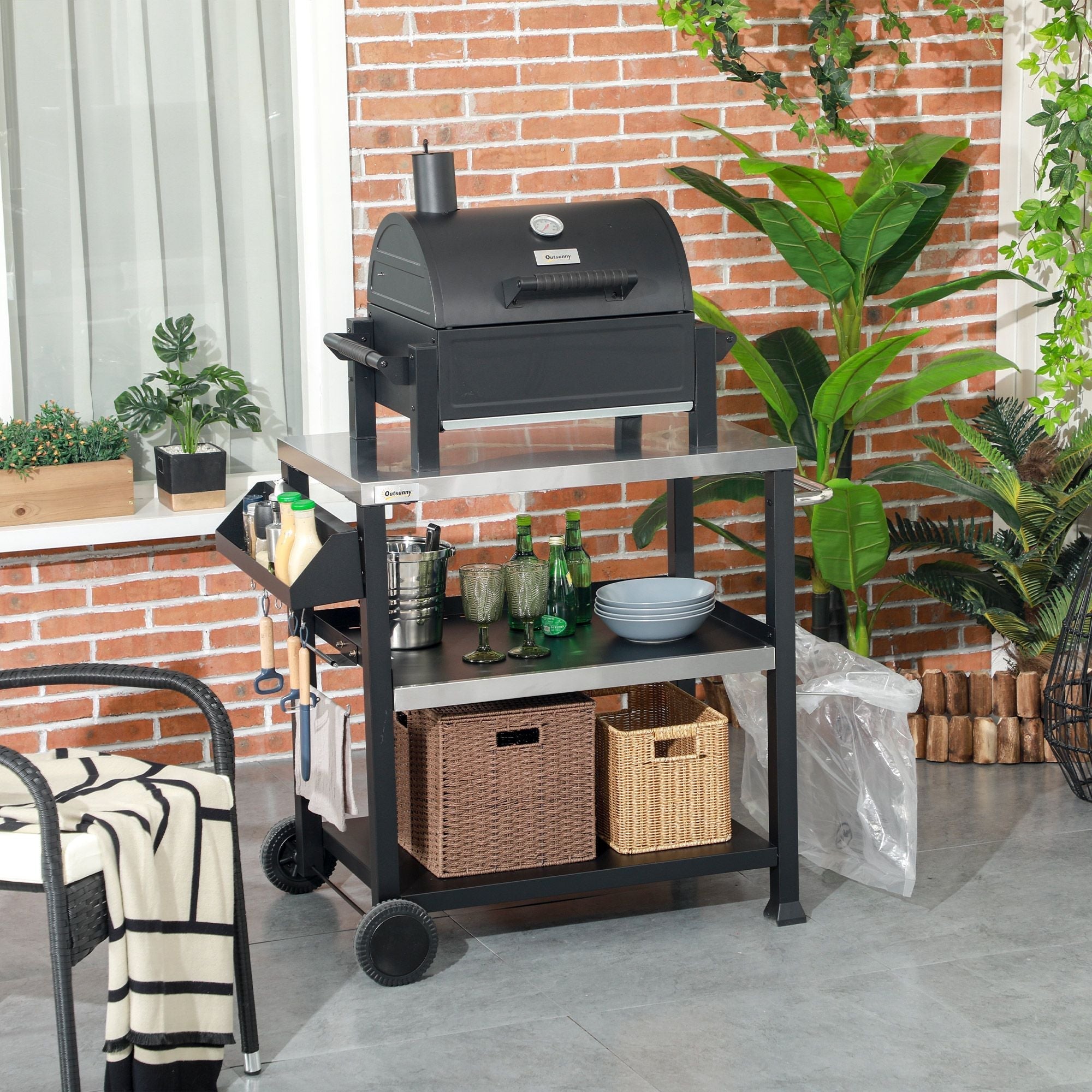 Outsunny Grill Cart Table Outdoor, 3-Shelf Stainless Steel, Pizza Oven Stand, Black with BBQ Wheels & Side Handle