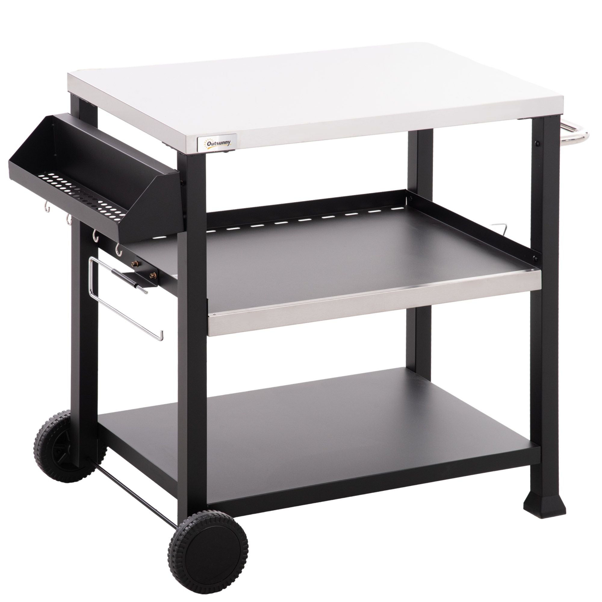 Outsunny Grill Cart Table Outdoor, 3-Shelf Stainless Steel, Pizza Oven Stand, Black with BBQ Wheels & Side Handle
