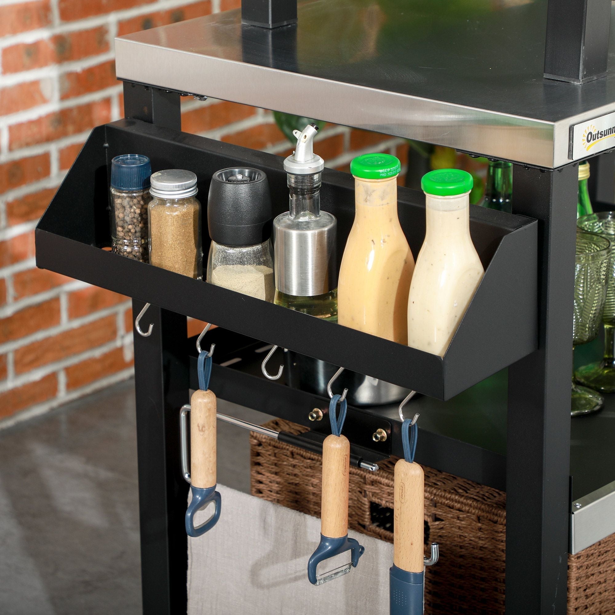 Outsunny Grill Cart Table Outdoor, 3-Shelf Stainless Steel, Pizza Oven Stand, Black with BBQ Wheels & Side Handle