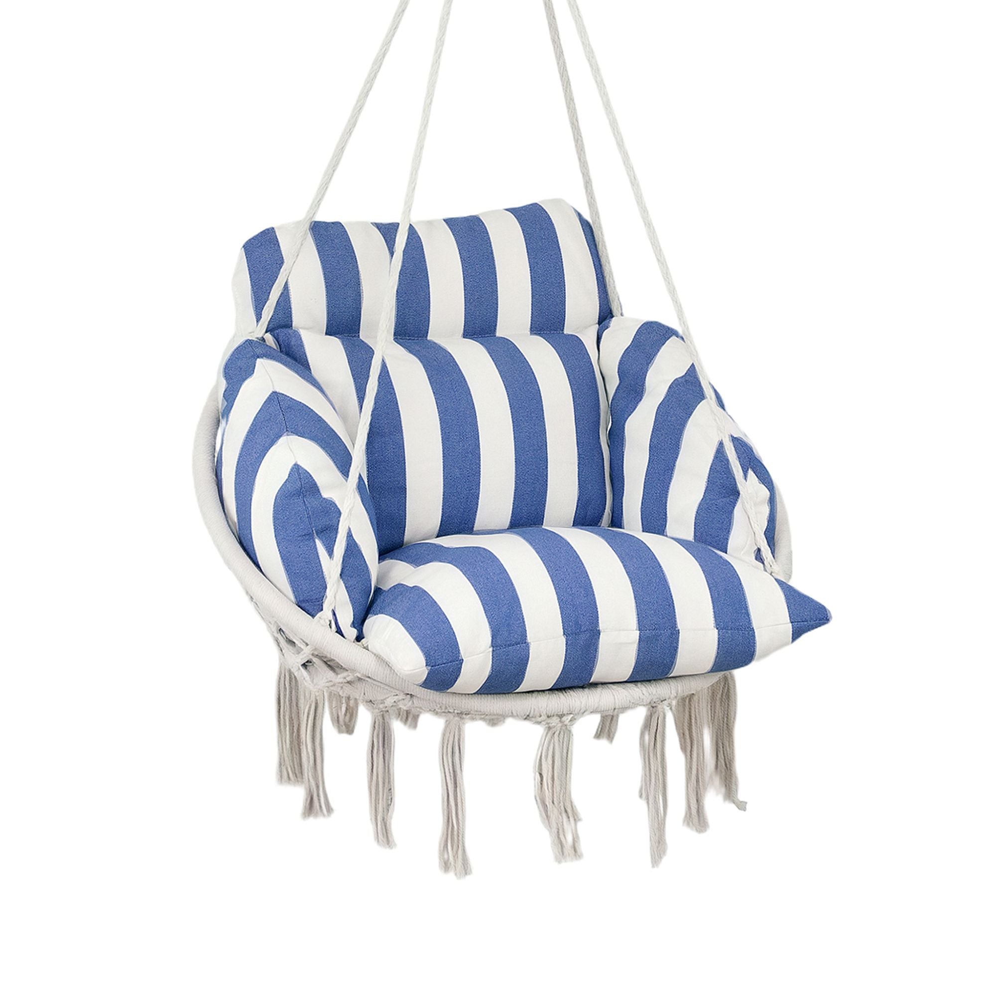 Outsunny Hammock Swing Chair, Macrame Hanging Chair with Large Cushion, Chain, Steel Frame for Indoor Outdoor Use, Blue and White