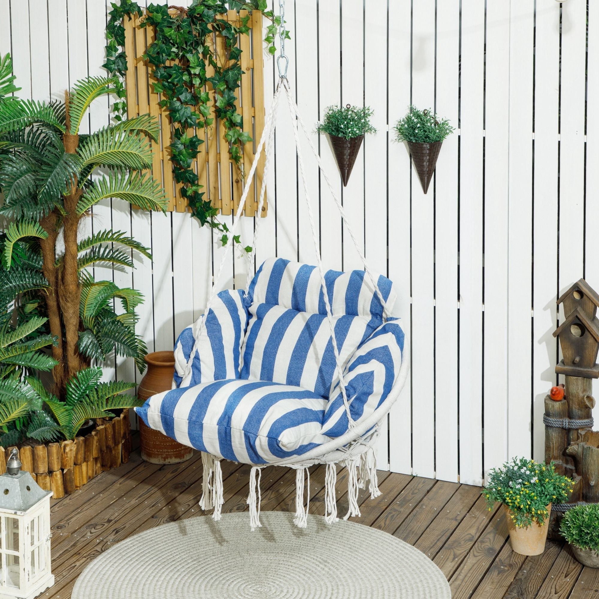 Outsunny Hammock Swing Chair, Macrame Hanging Chair with Large Cushion, Chain, Steel Frame for Indoor Outdoor Use, Blue and White