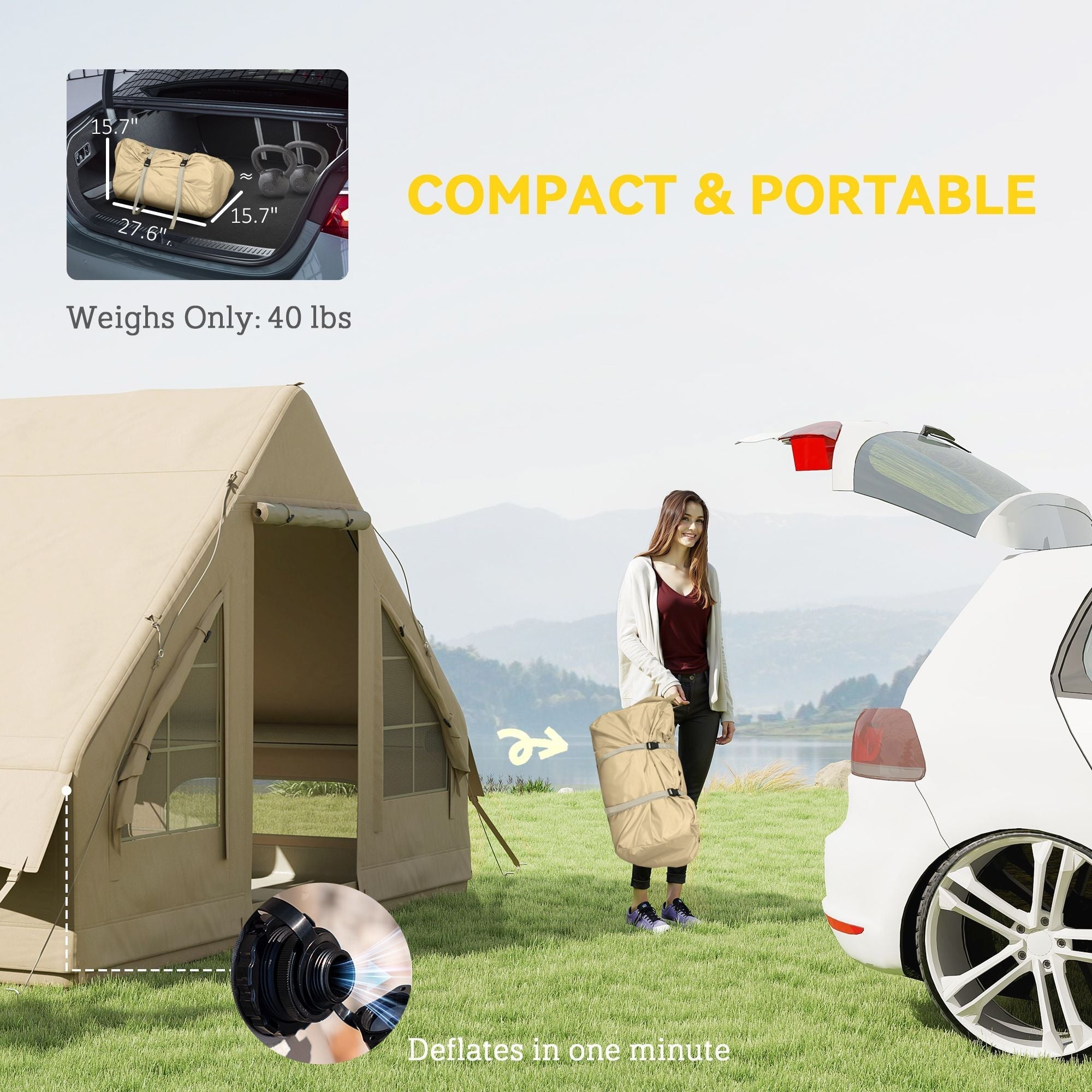 Outsunny Inflatable Camping Tent with Hand Pump, 4 Season Blow Up Tent, Waterproof and Windproof with Mesh Windows and Doors