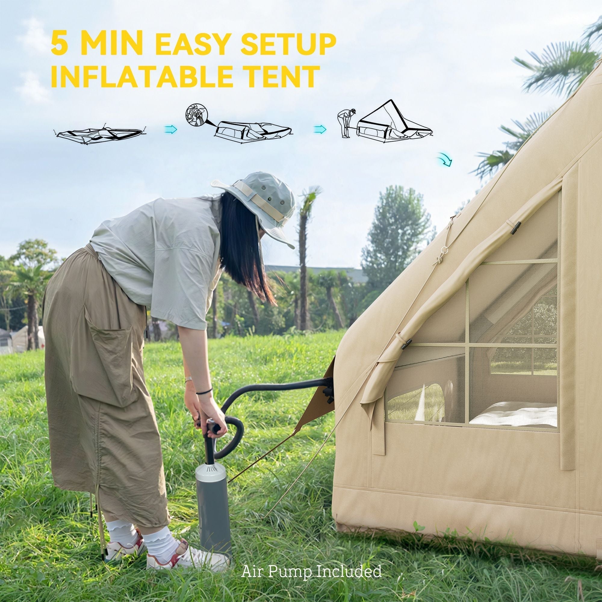 Outsunny Inflatable Camping Tent with Hand Pump, 4 Season Blow Up Tent, Waterproof and Windproof with Mesh Windows and Doors