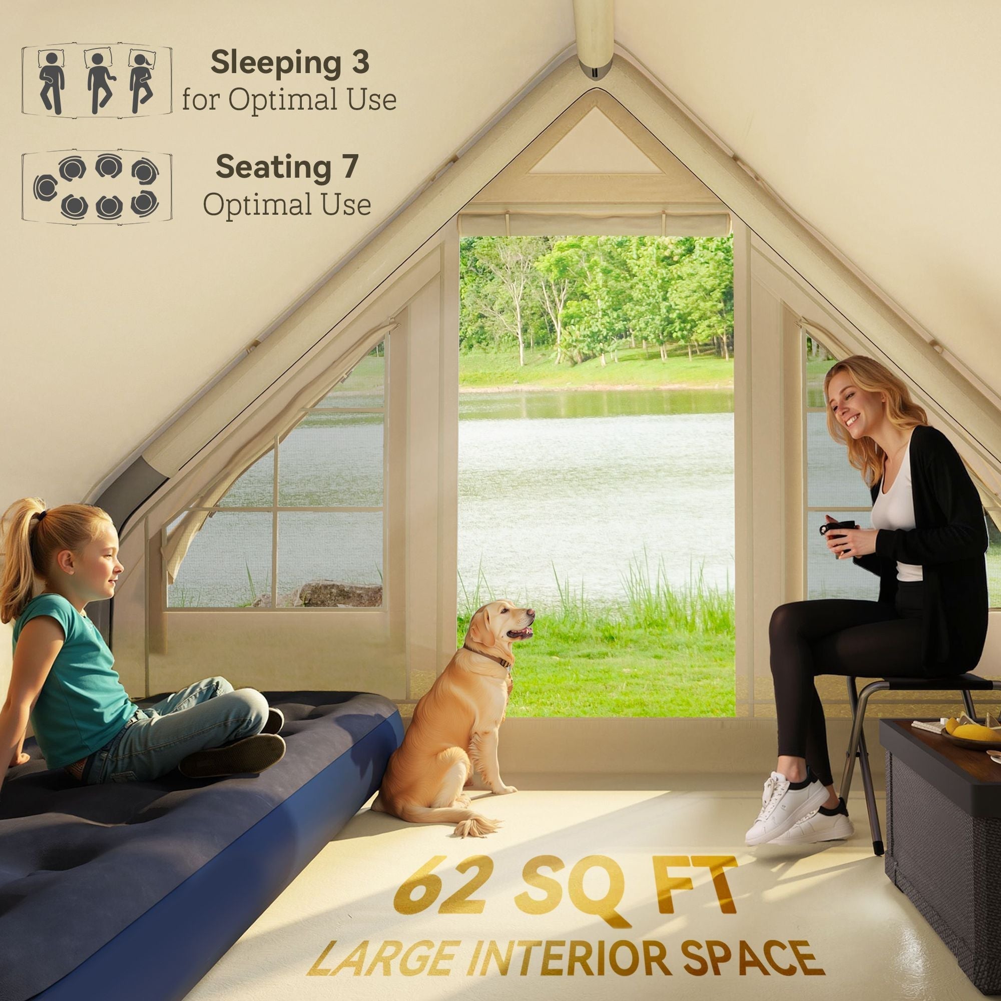 Outsunny Inflatable Camping Tent with Hand Pump, 4 Season Blow Up Tent, Waterproof and Windproof with Mesh Windows and Doors