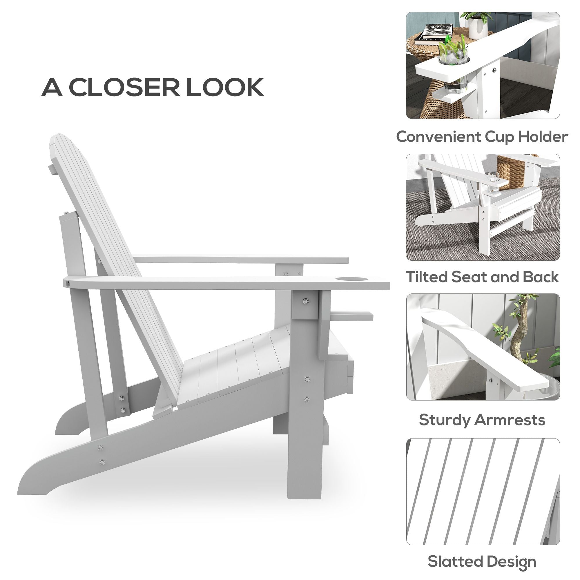 Outsunny Modern Adirondack Chair with Cupholder for Patio, Garden & Lawn, White