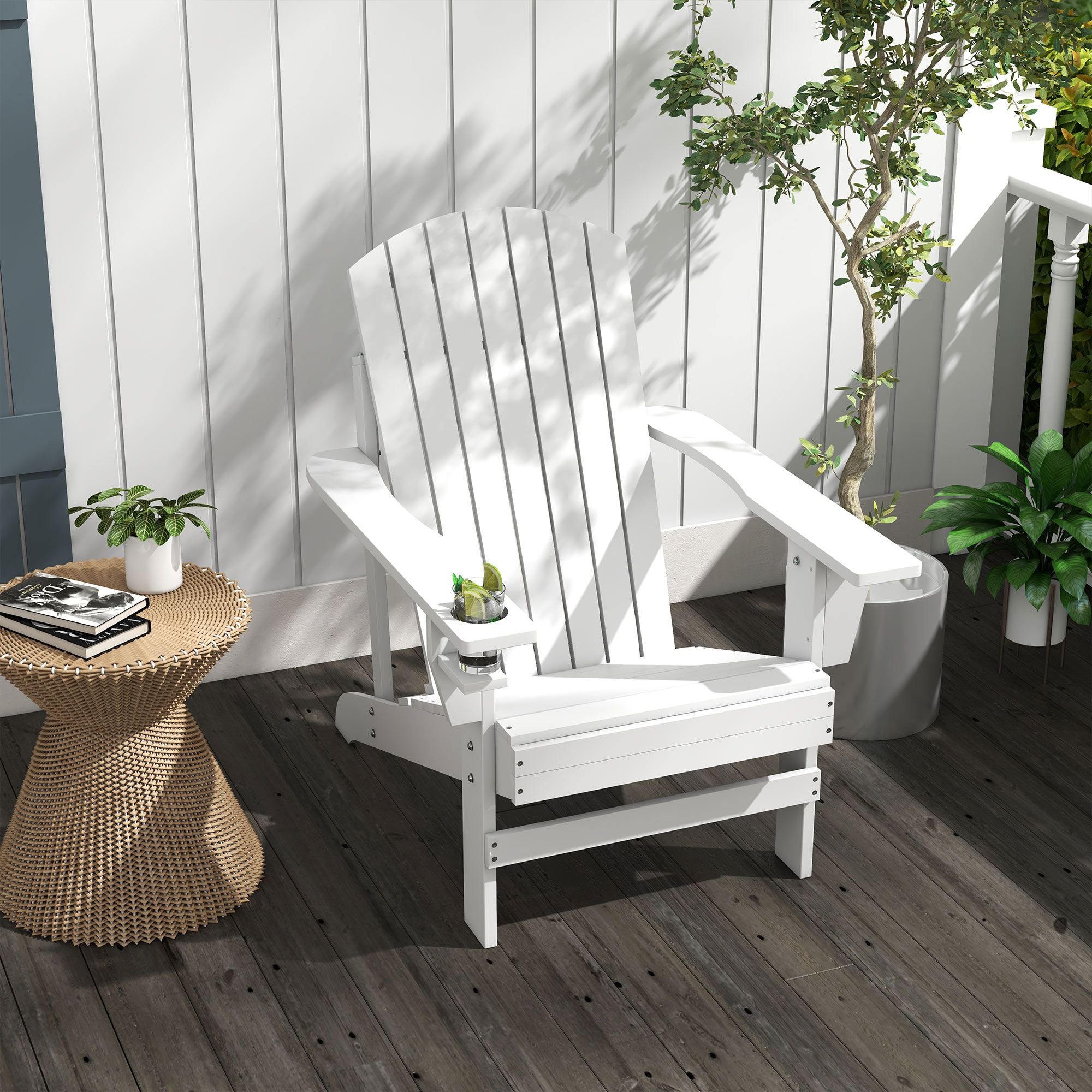 Outsunny Modern Adirondack Chair with Cupholder for Patio, Garden & Lawn, White