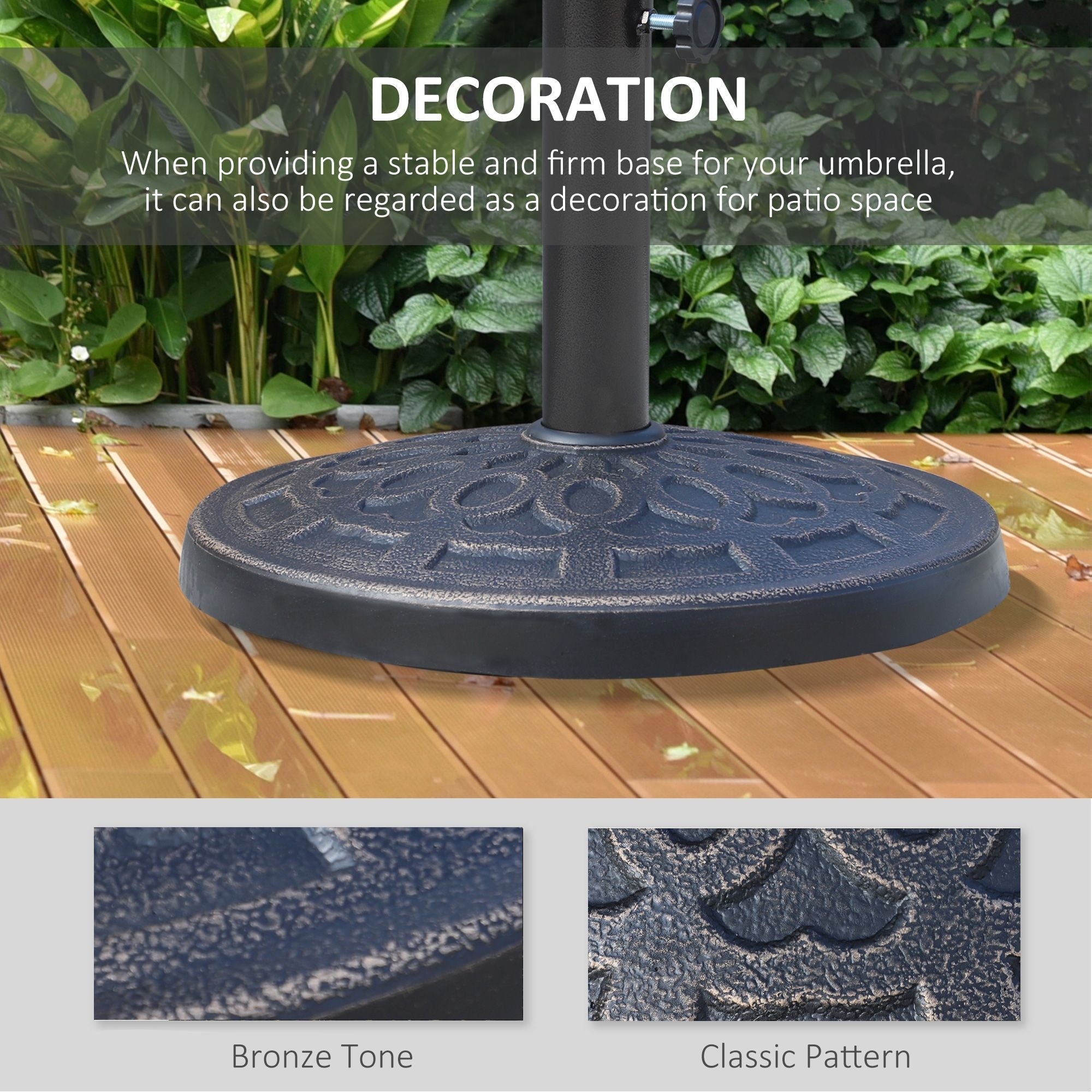 Outsunny Outdoor Umbrella Stand Base 17" 27 lbs, Round, Decorative Pattern, for Φ1.5", Φ1.89" Pole - Bronze