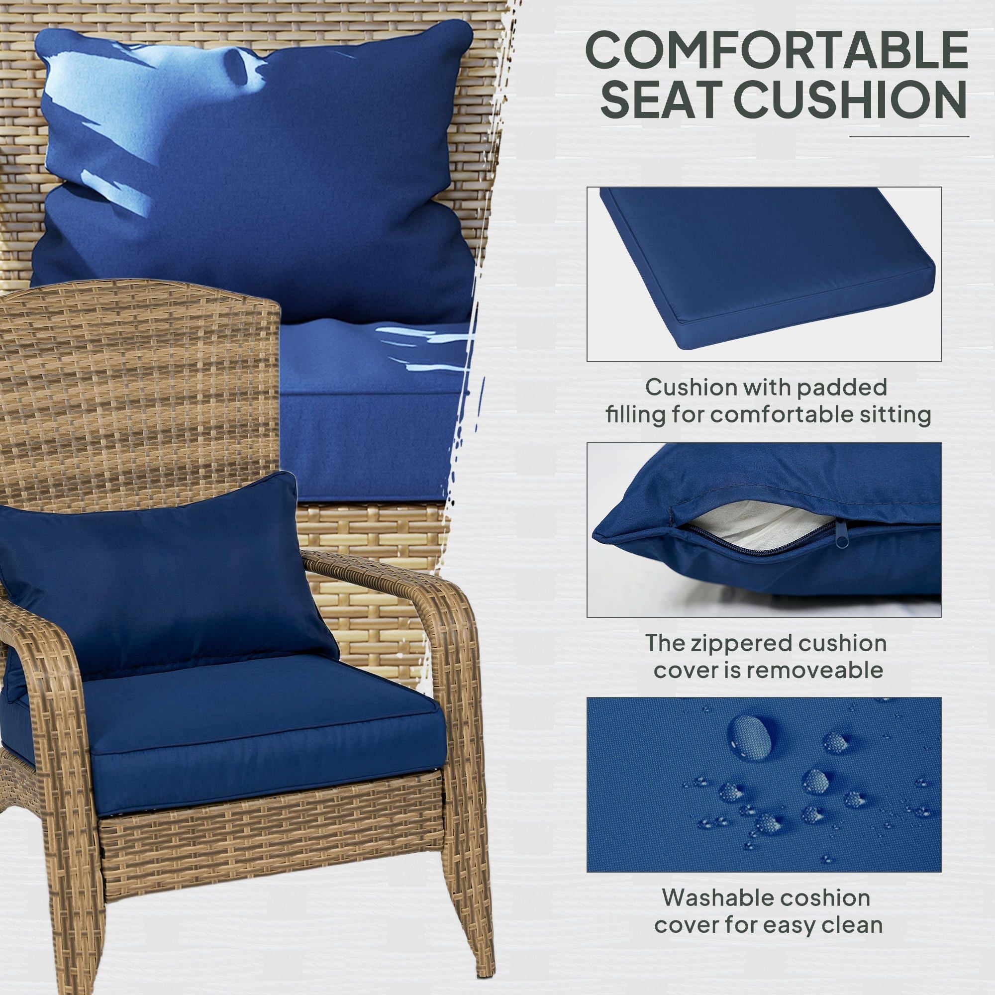 Outsunny Patio Adirondack Chair with Rattan Wicker, Soft Cushions, Tall Curved Backrest for Deck or Garden, Dark Blue