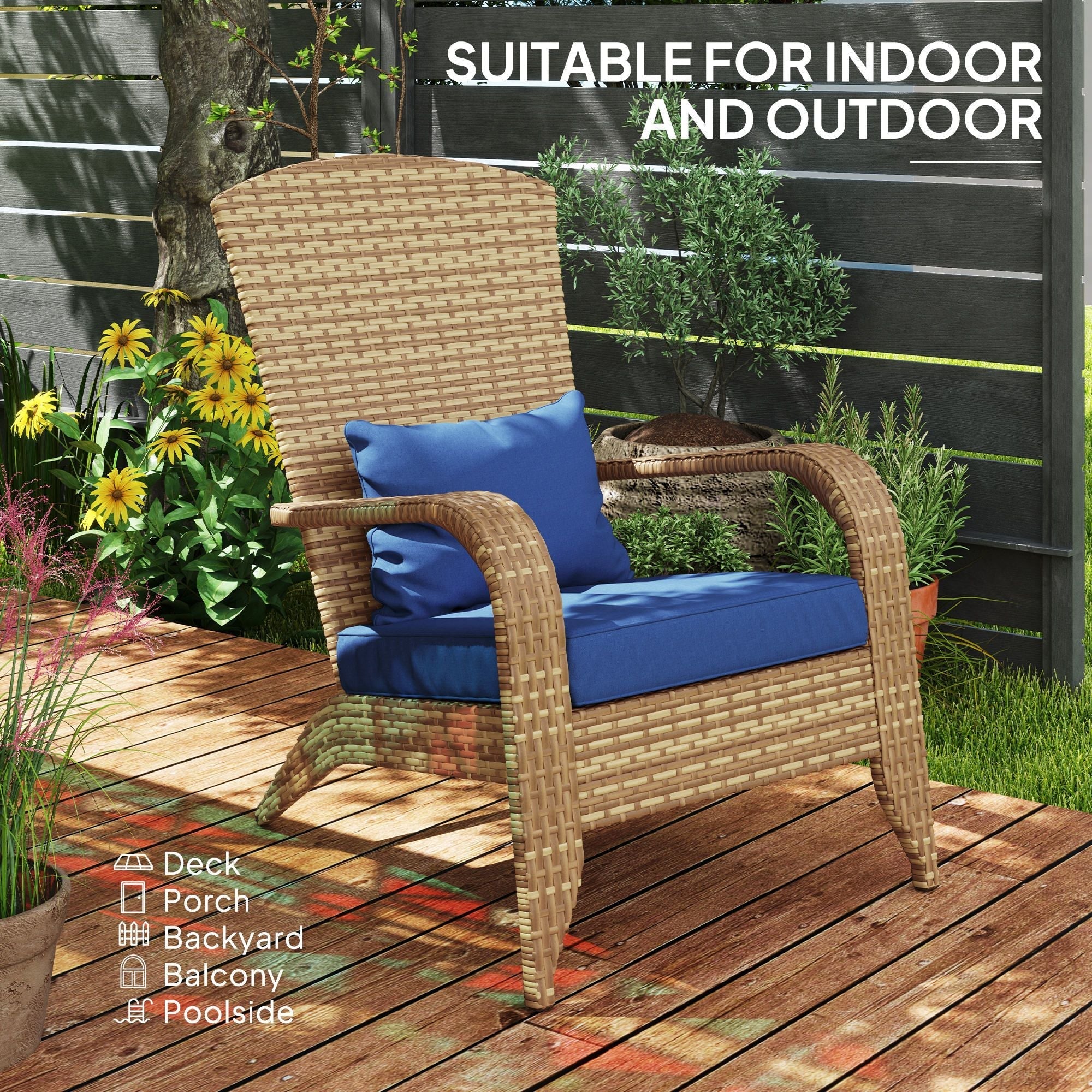 Outsunny Patio Adirondack Chair with Rattan Wicker, Soft Cushions, Tall Curved Backrest for Deck or Garden, Dark Blue