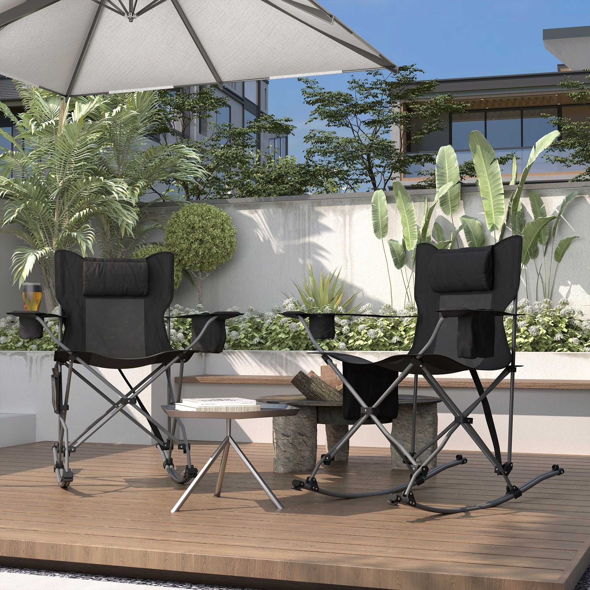 Outsunny Portable Outdoor Folding Rocking Camping Chairs with Headrest, Cooler Bag, Cup Holder, Carry Bag, 2 Pack, Black