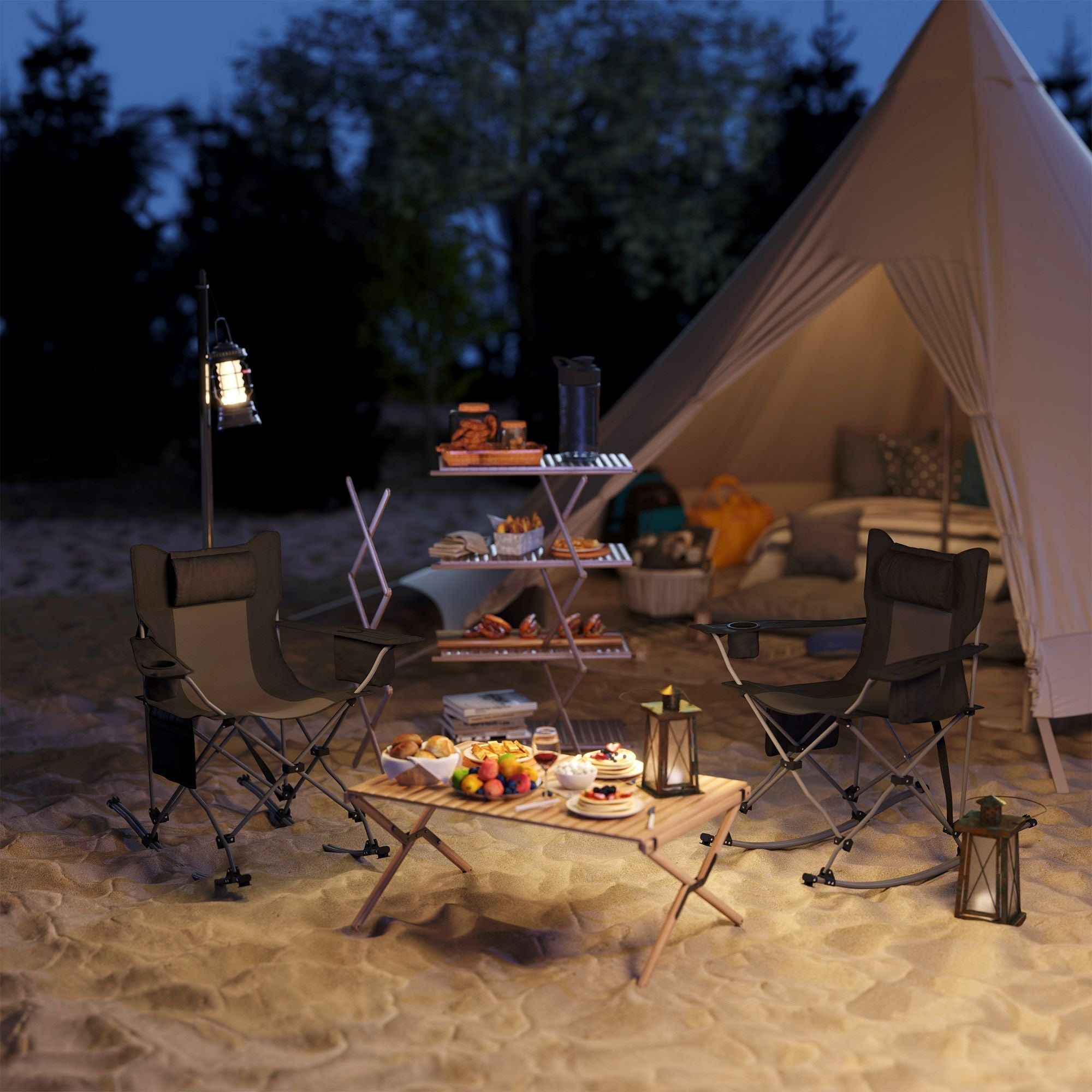 Outsunny Portable Outdoor Folding Rocking Camping Chairs with Headrest, Cooler Bag, Cup Holder, Carry Bag, 2 Pack, Black