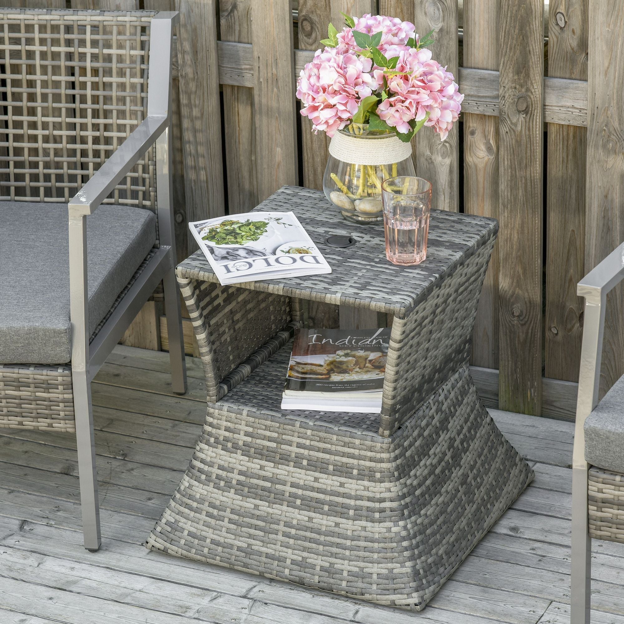 Outsunny Rattan Tea Bistro Side Table with Umbrella Hole, 2-Tier Storage Shelf, Gray, for Patio & Backyard