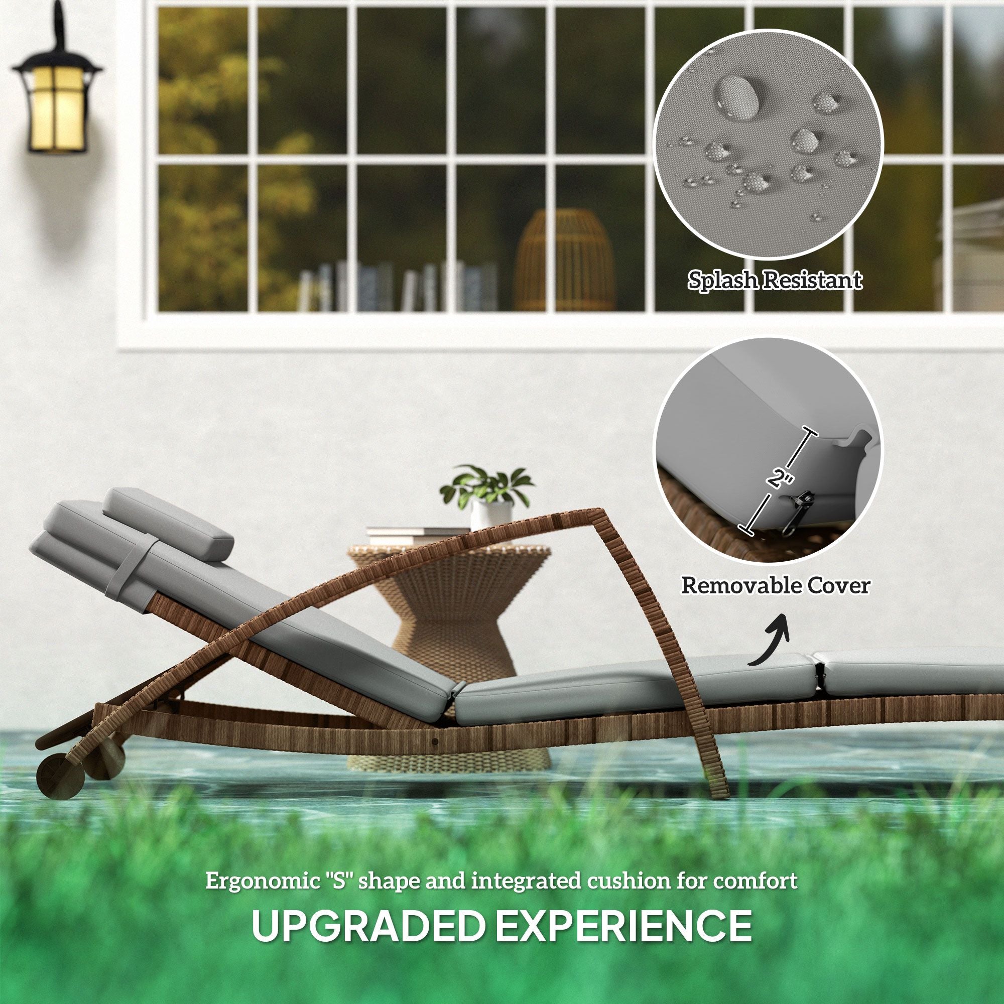 Outsunny Set of 2 Wicker Chaise Lounge Chair Outdoor Patio Lounger with Adjustable Back, Wheels, Cushion, and Armrests, Gray