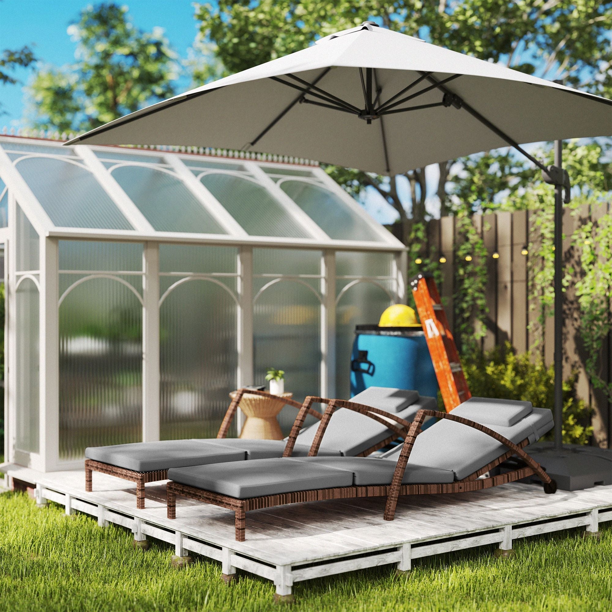 Outsunny Set of 2 Wicker Chaise Lounge Chair Outdoor Patio Lounger with Adjustable Back, Wheels, Cushion, and Armrests, Gray